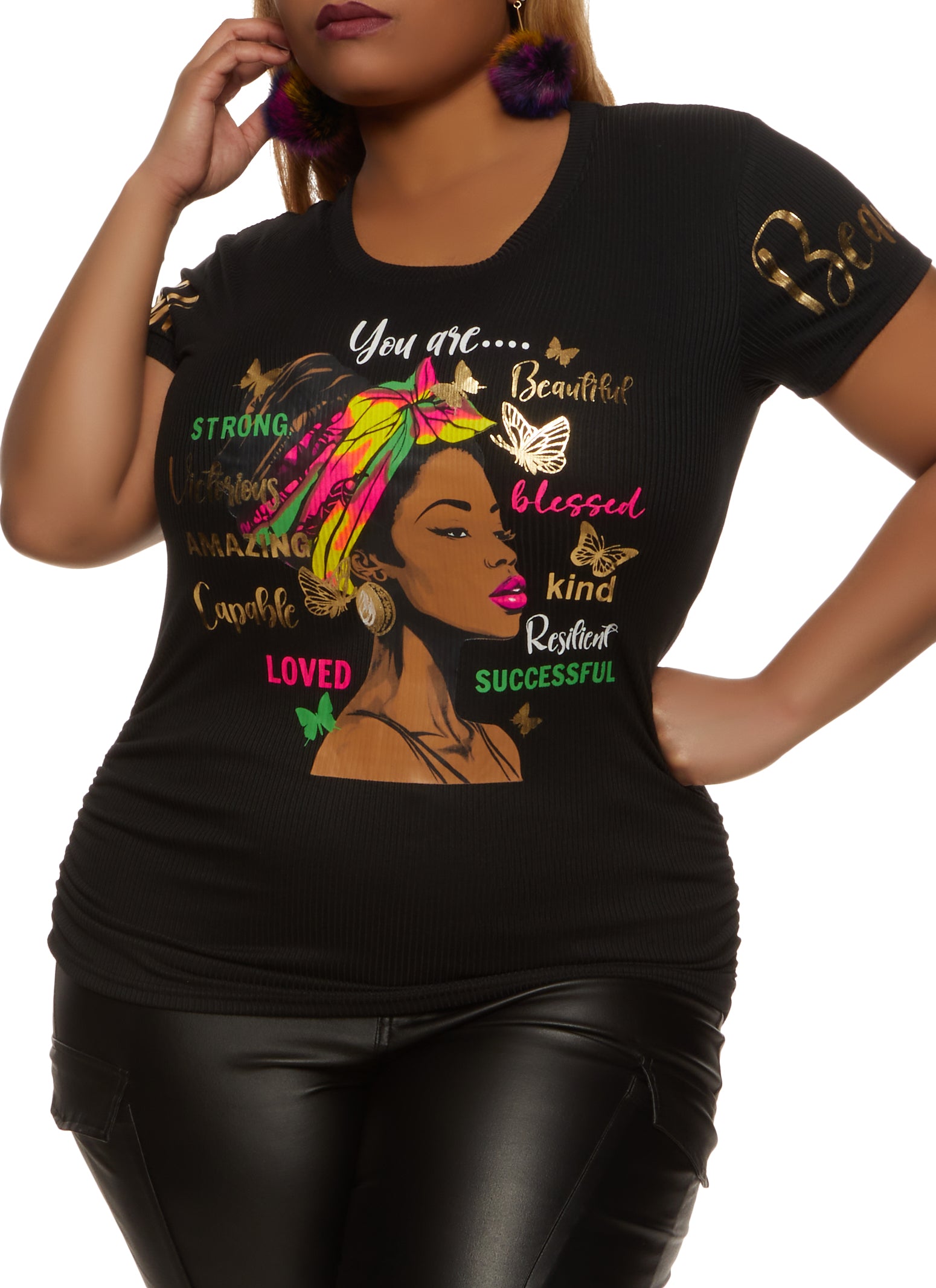 Plus Size Foil Screen Ruched Graphic Tee - Black