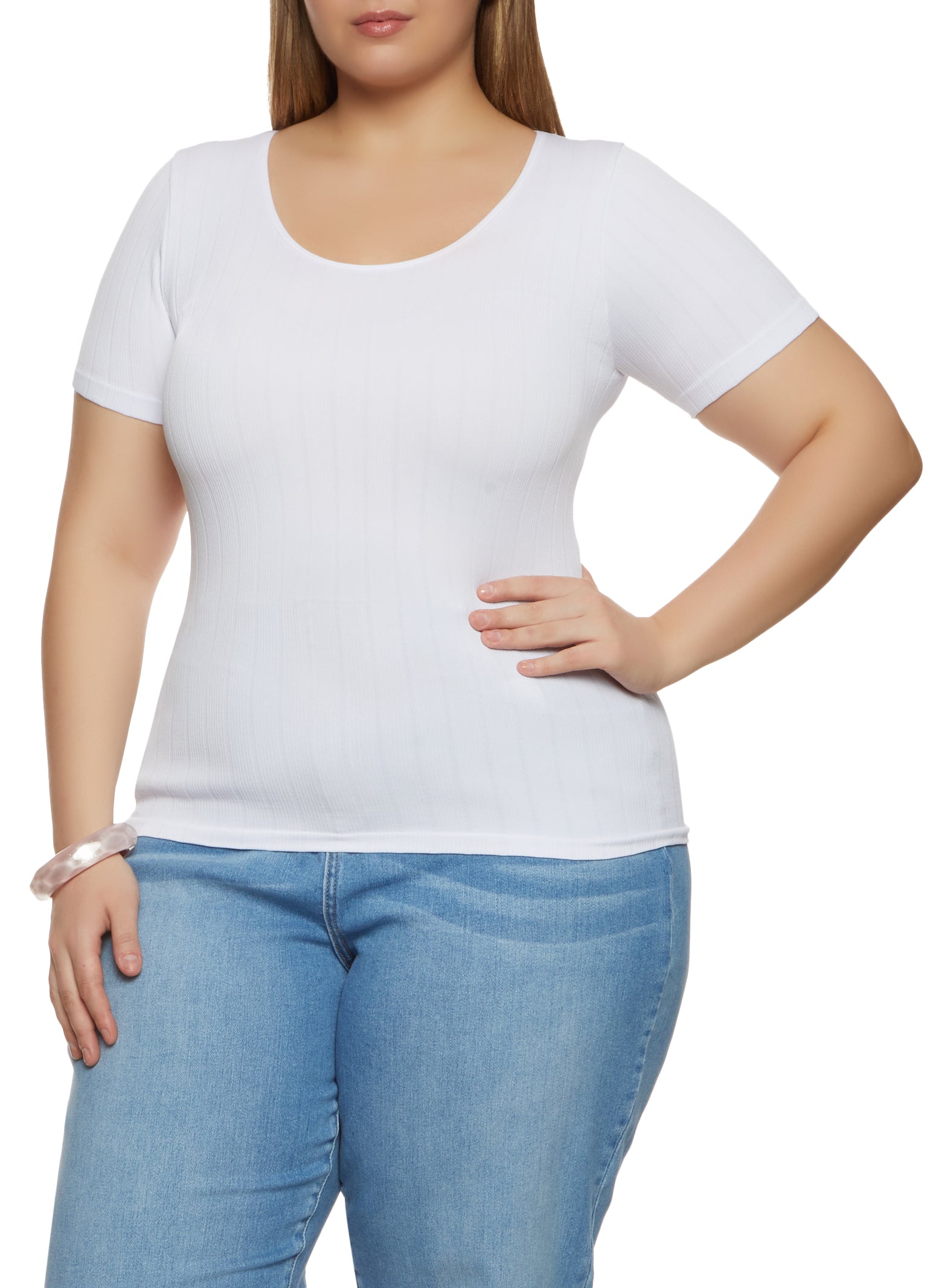 Plus Size Rib Knit Scoop Neck Tee - White