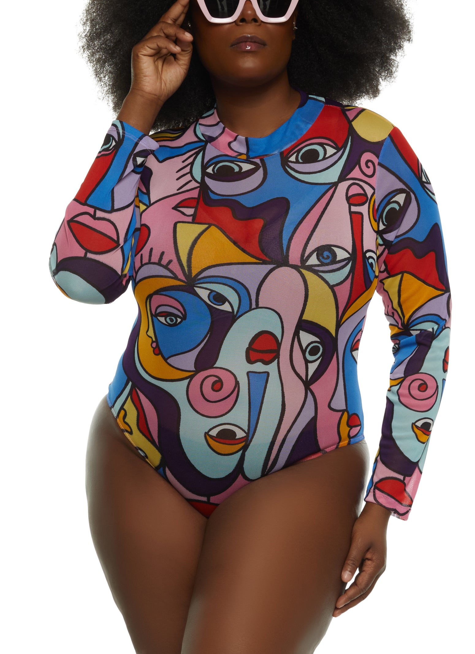 Plus Size Printed Mesh Mock Neck Bodysuit - Multi Color