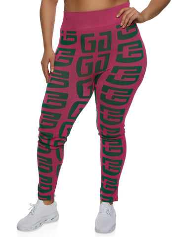 Plus Size Seamless Geometric Print High Waist Leggings - Fuchsia