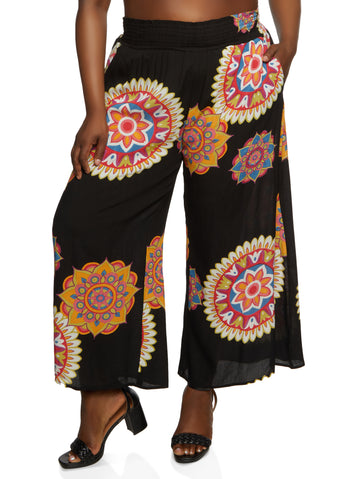 Plus Size Printed Side Slit Wide Leg Pants