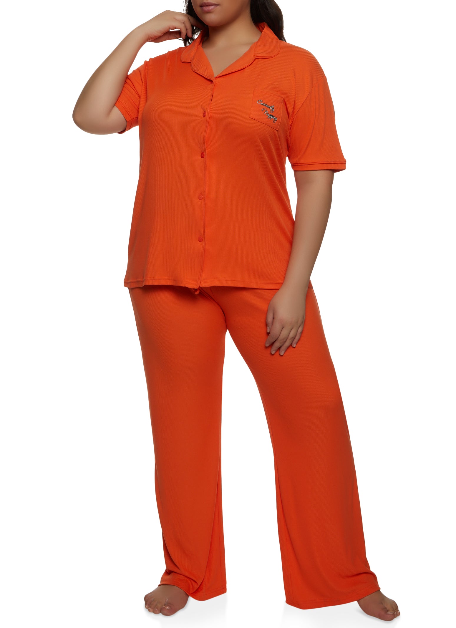 Plus Size Currently Napping Graphic Pocket Pajama Shirt and Pants - Orange