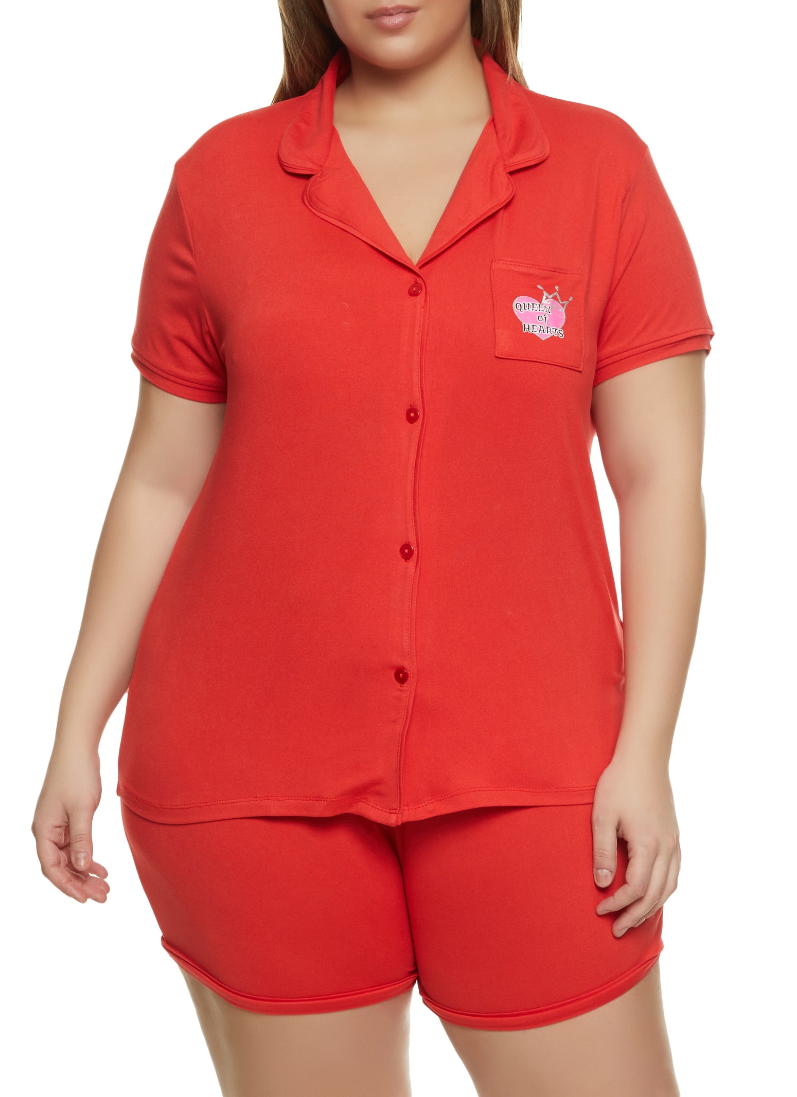 Plus Size Queen Of Hearts Pajama Shirt and Shorts Set Red