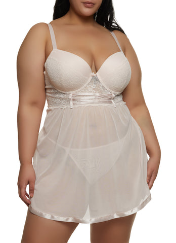 Plus Size Solid Babydoll and G String - Brown
