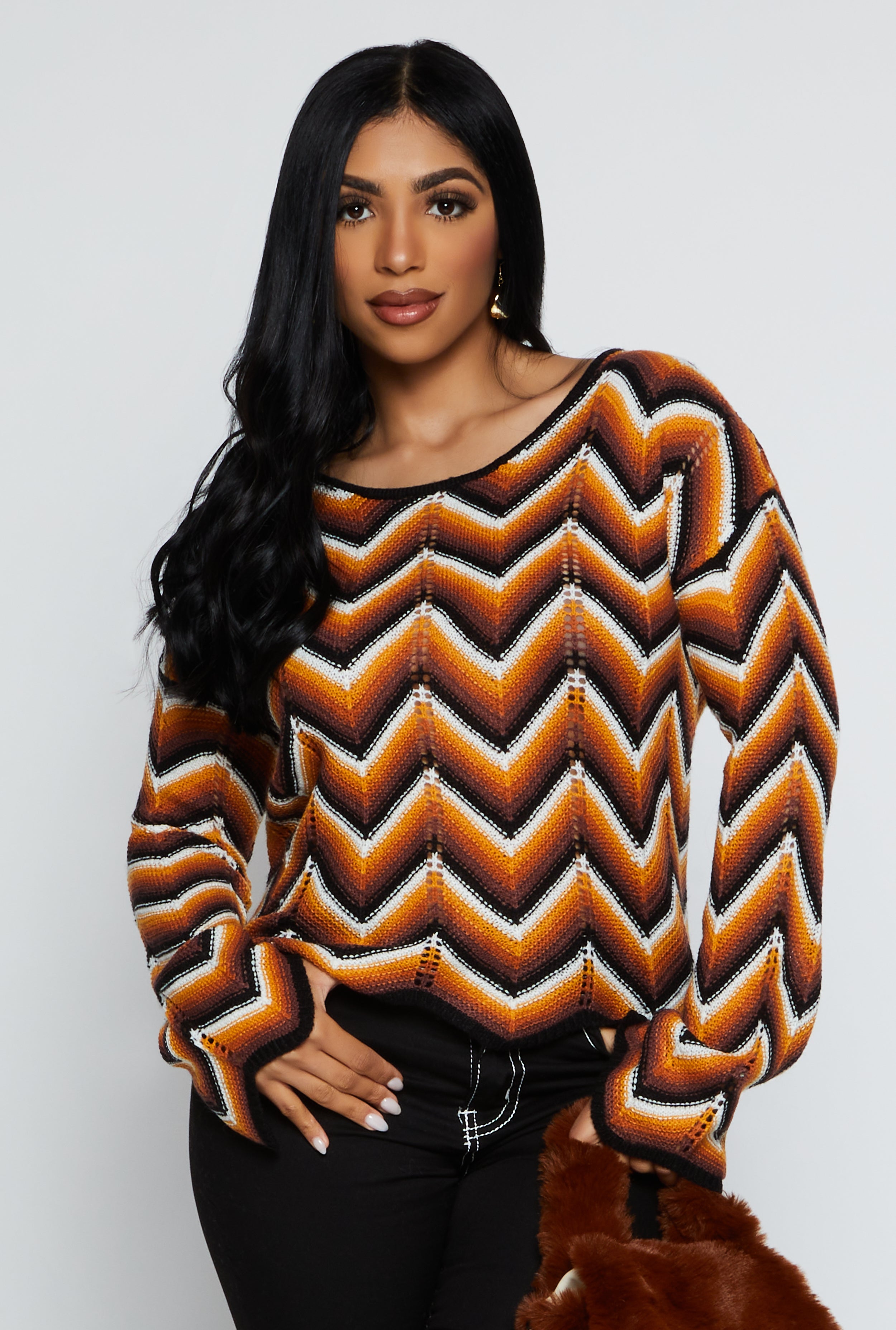 Crochet Chevron Bell Sleeve Sweater rust