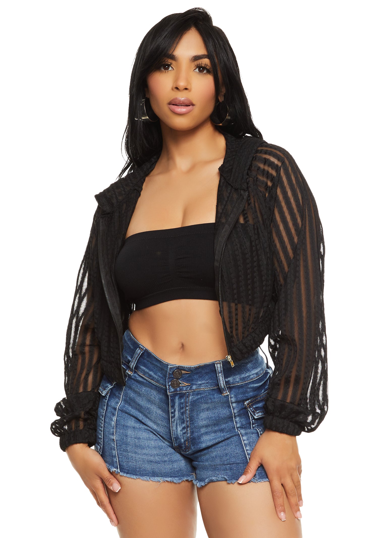 Mesh Shadow Striped Zip Front Cropped Hoodie