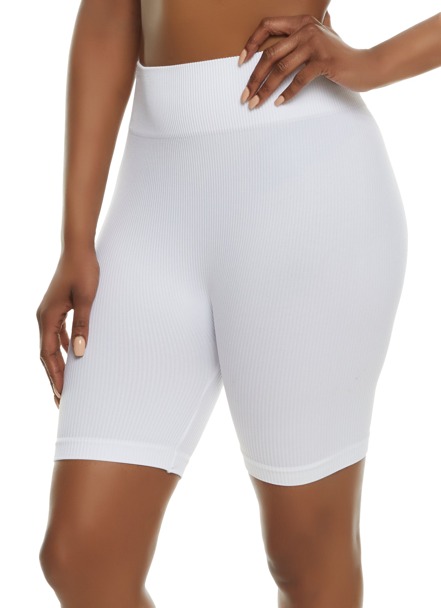 Ribbed Knit Seamless High Waist Bike Shorts white