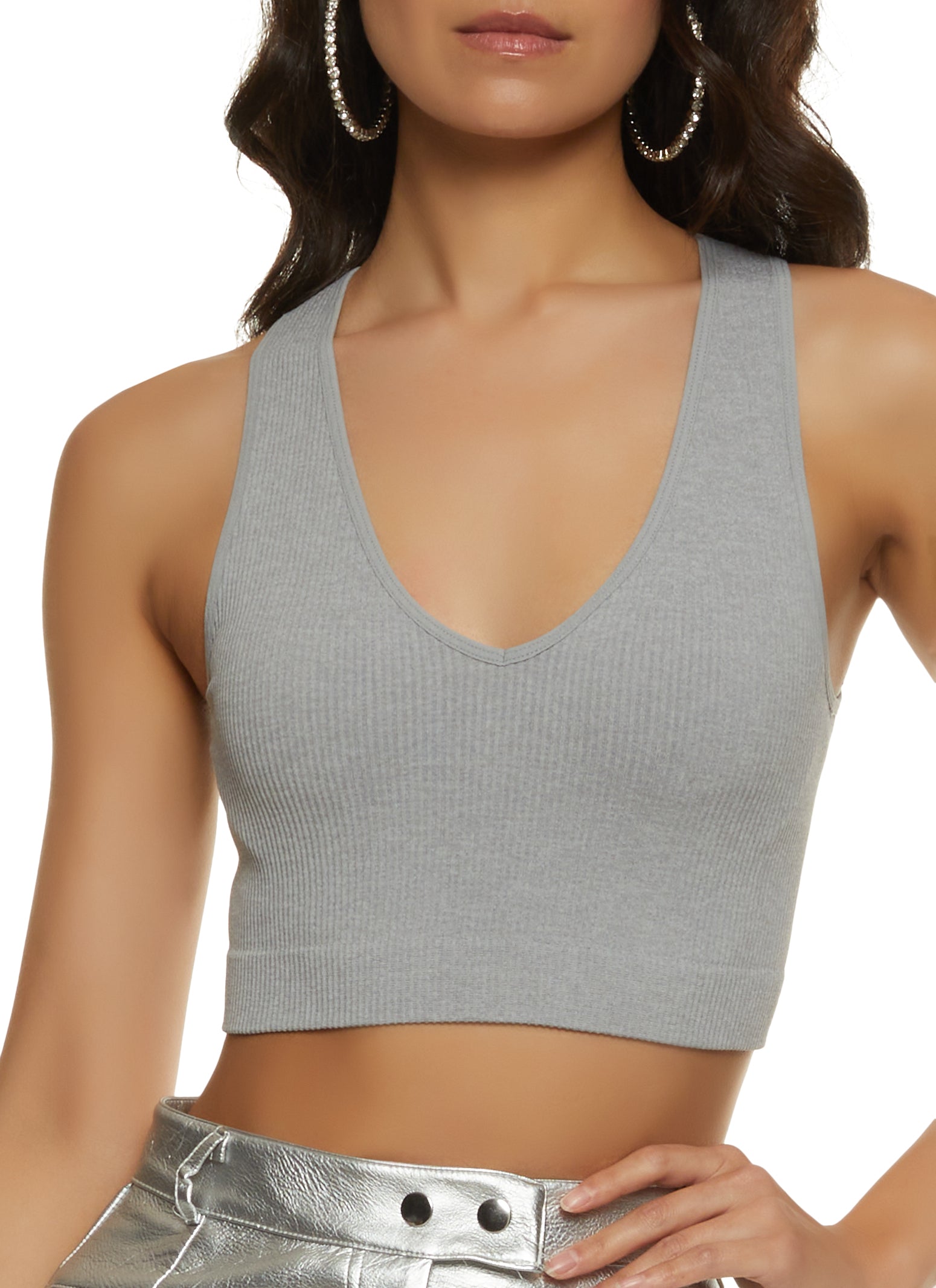 Seamless Ribbed V Neck Cropped Tank Top - Heather