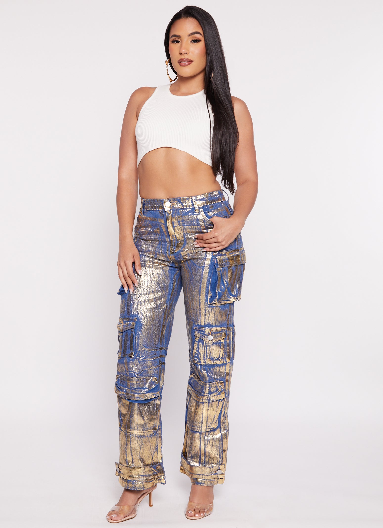 Daisy Foil Screen Wide Leg Cargo Jeans