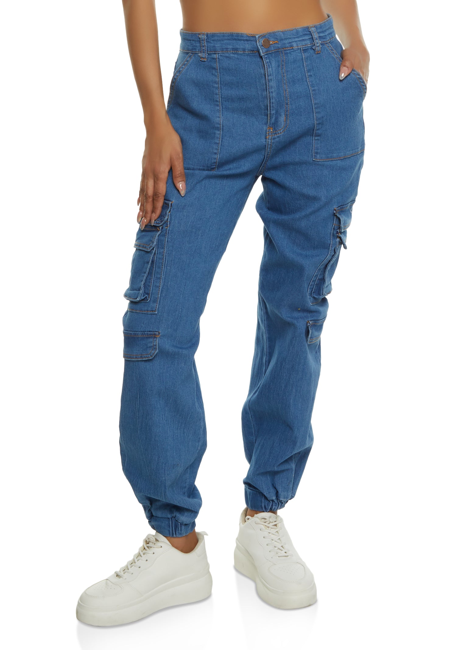 High waisted denim joggers fashion womens