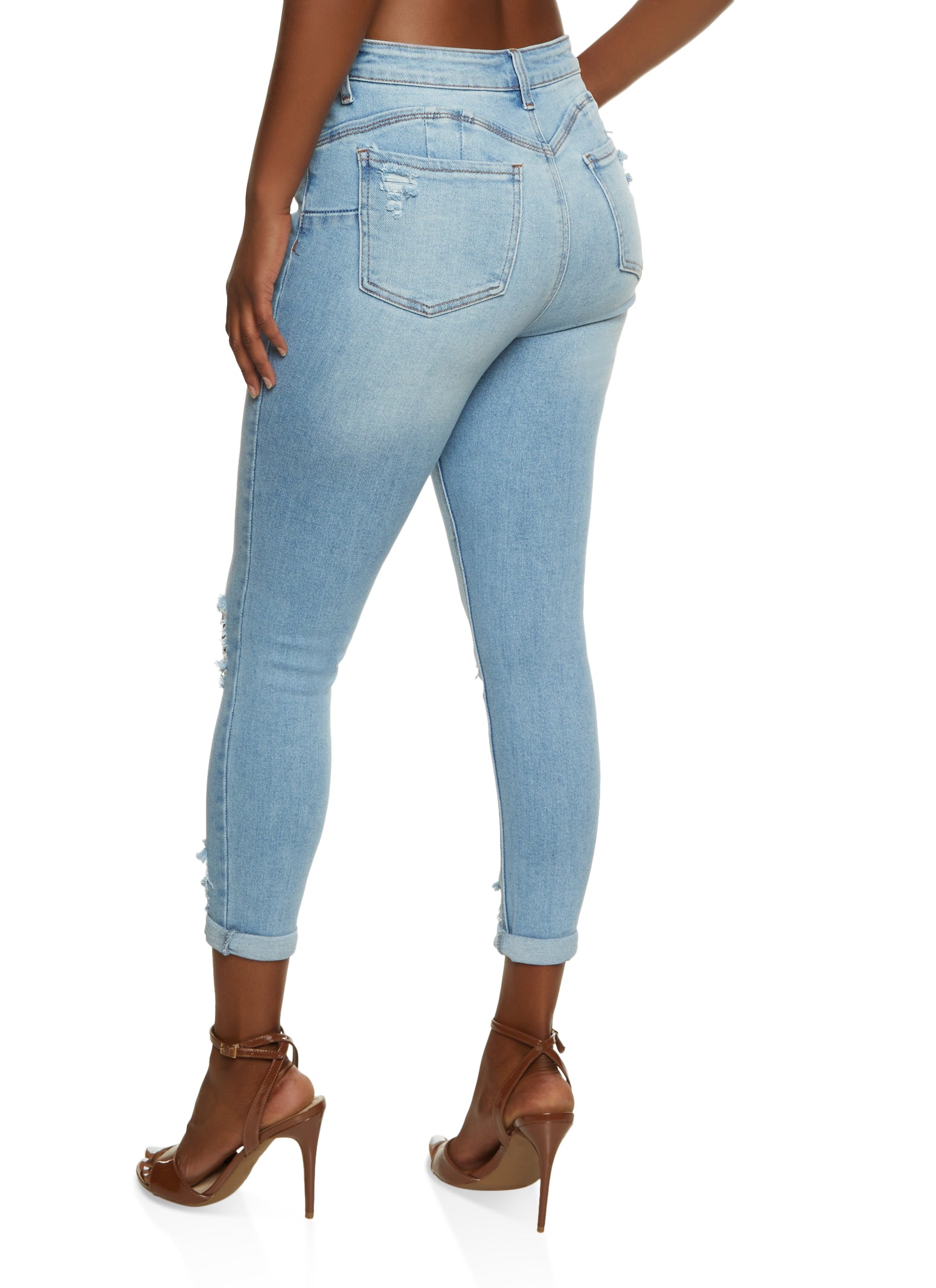 WAX Ripped Rolled Cuff Skinny Jeans - Light Wash