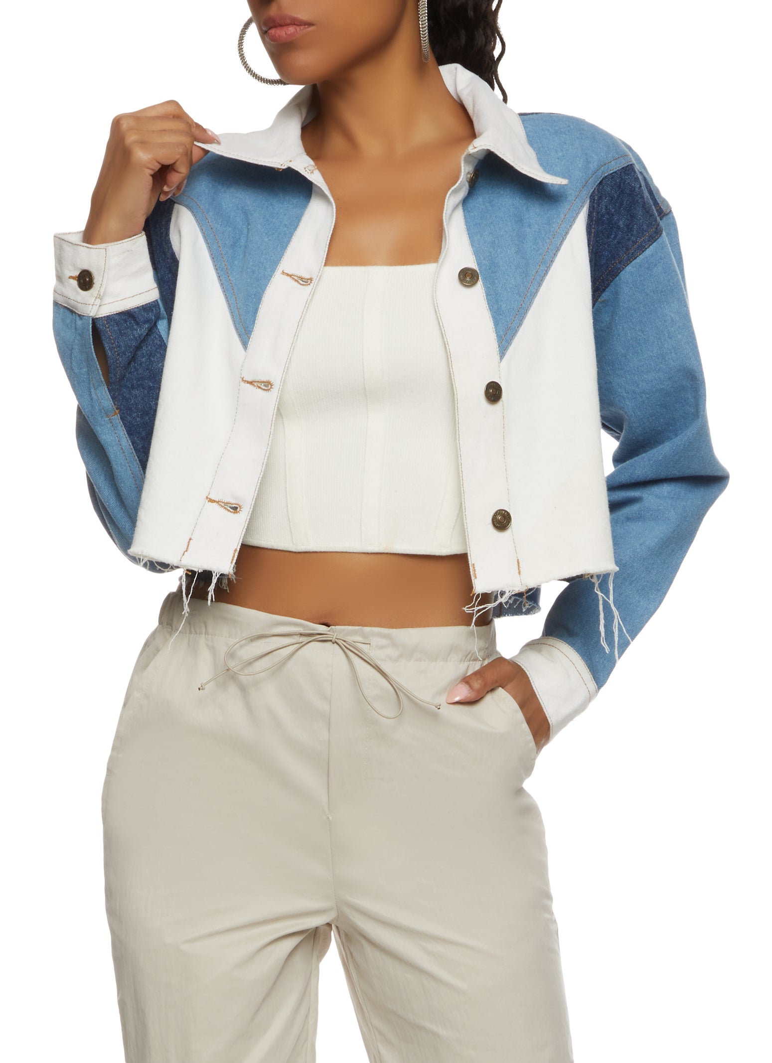 SLAY. Women's Flap Pocket Colorblock Cord Denim Jacket & Skirt Set