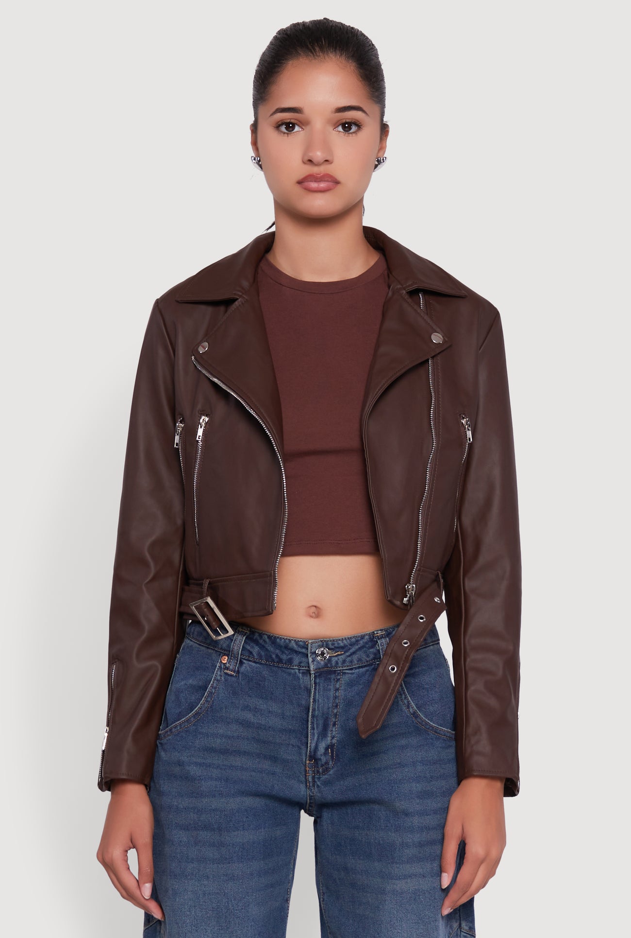 Cropped Faux Leather Belted Front Moto Jacket