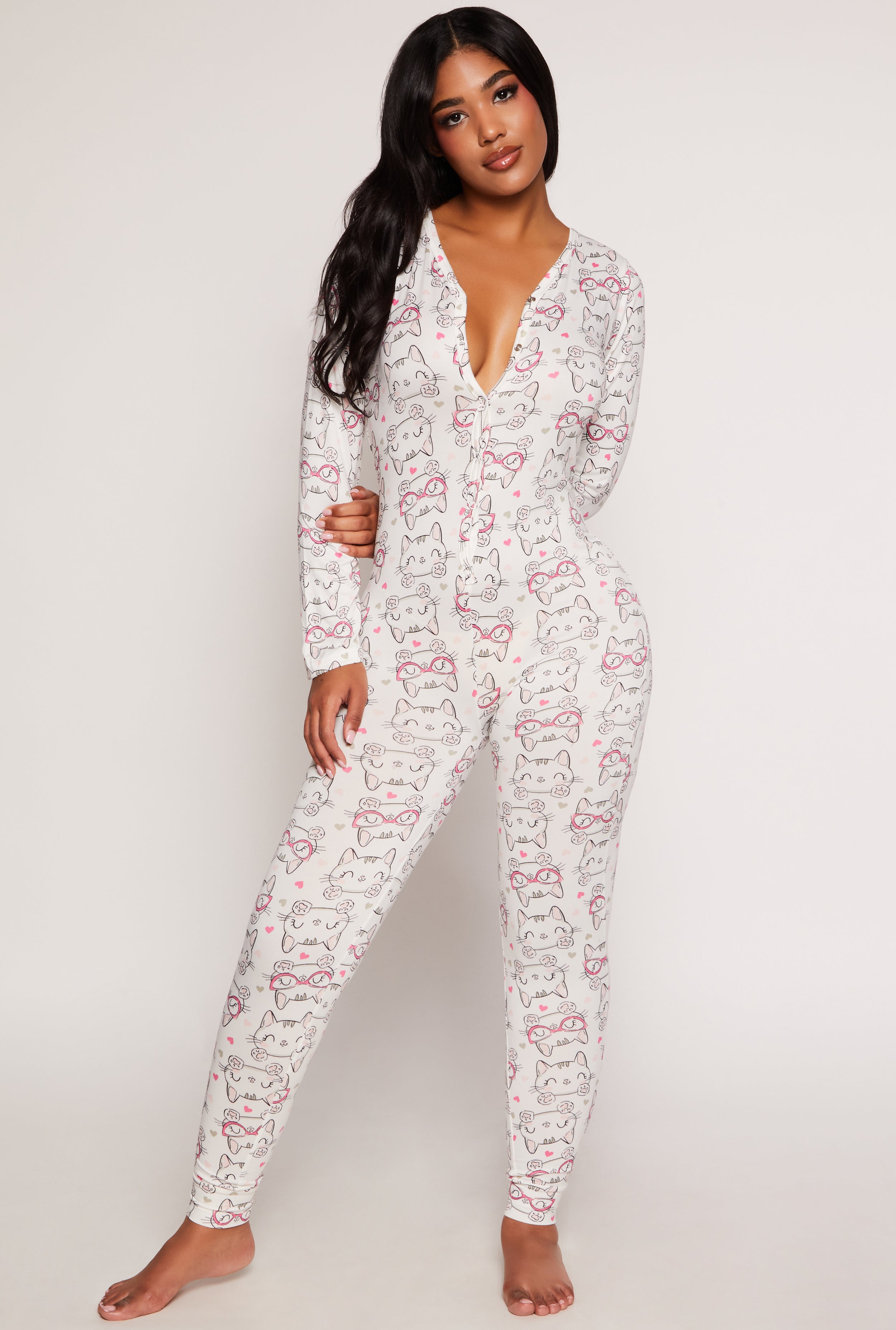 Cat Graphic Long Sleeve Pajama Onesie