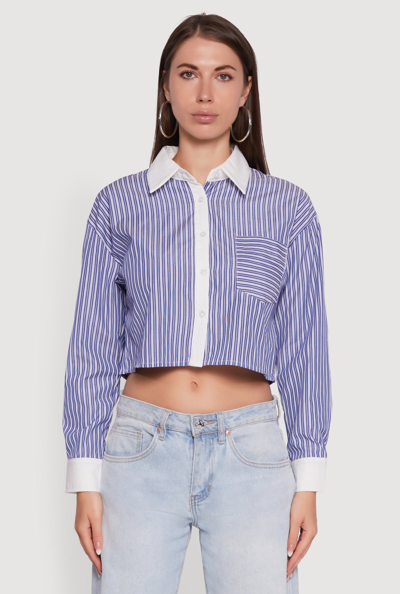 Haute Monde Poplin Button Front Striped Cropped Shirt