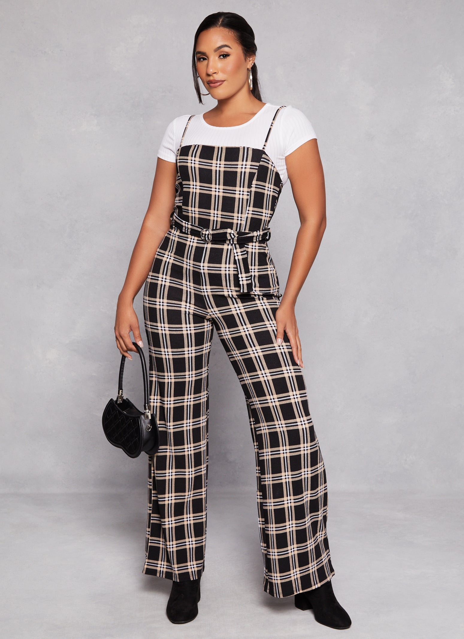 Almost Famous Plaid Belted Cami Jumpsuit with Tee