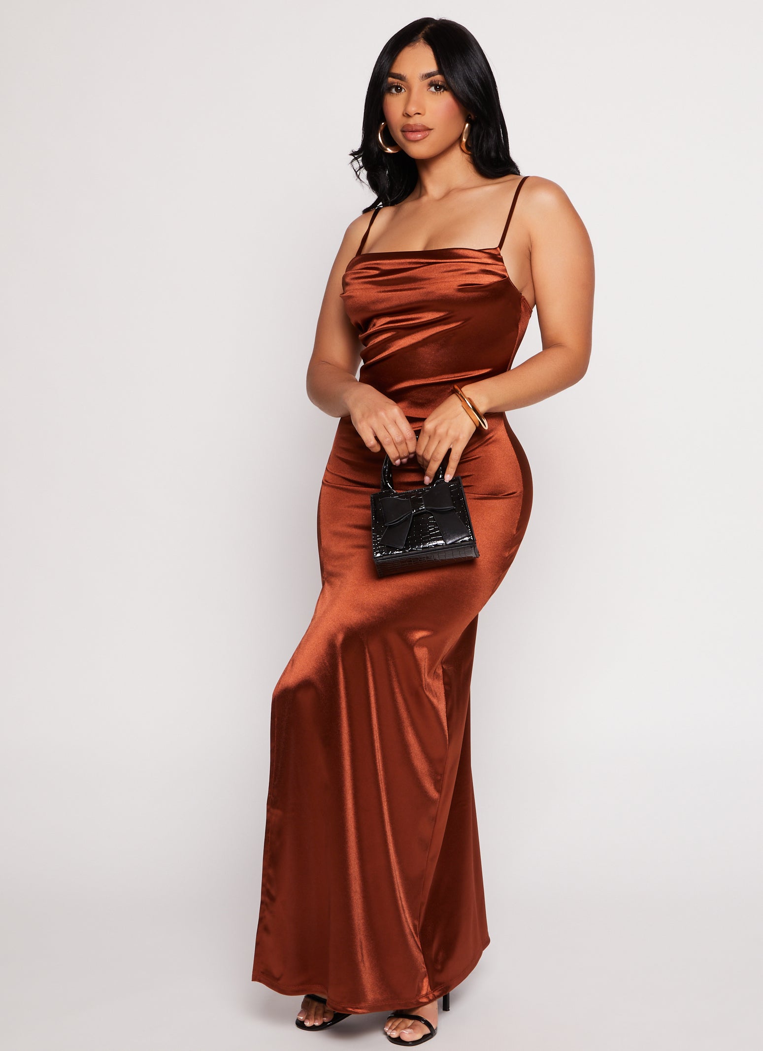 Satin Caged Back Maxi Dress - Camel