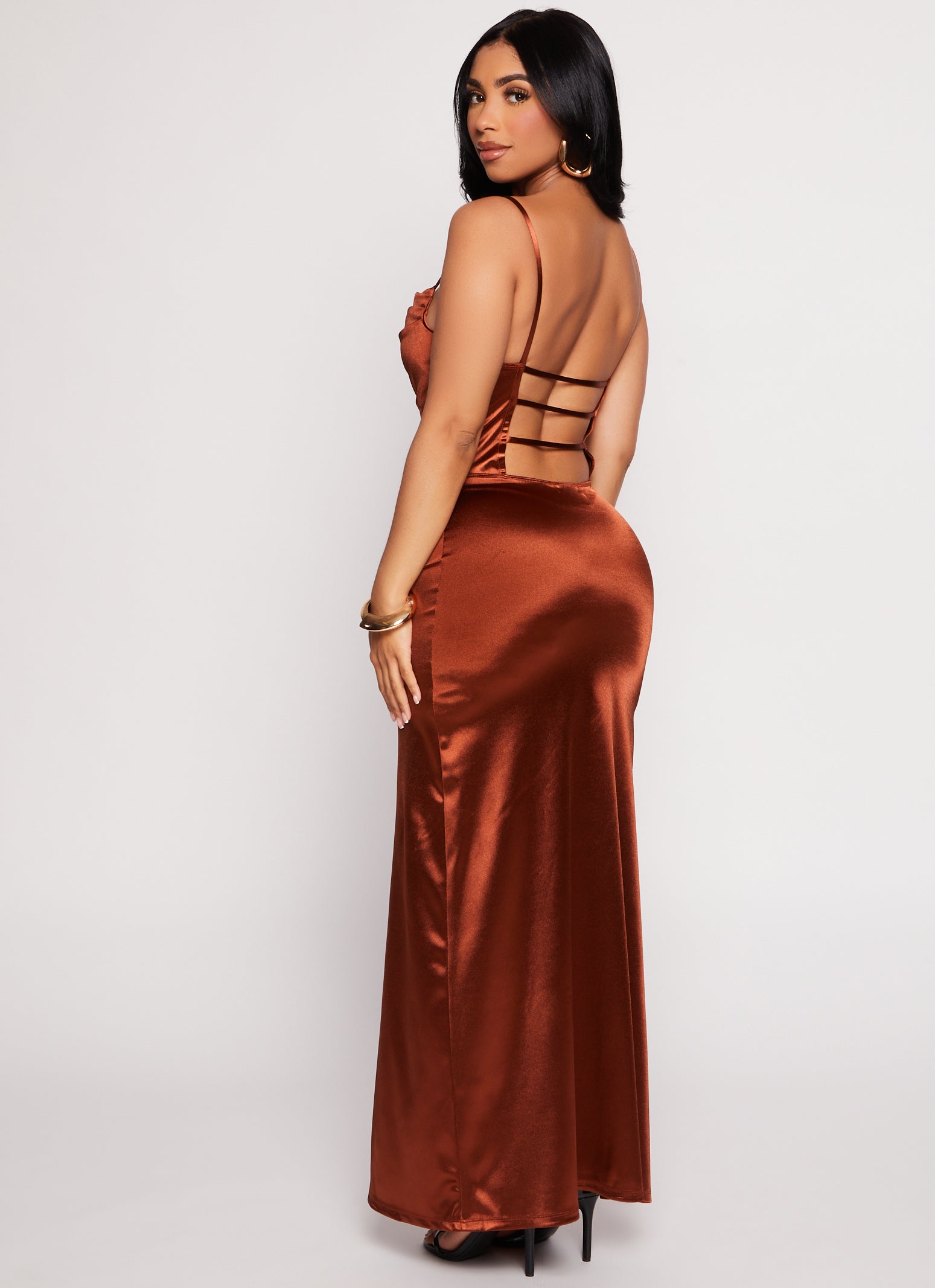 Satin Caged Back Maxi Dress - Camel