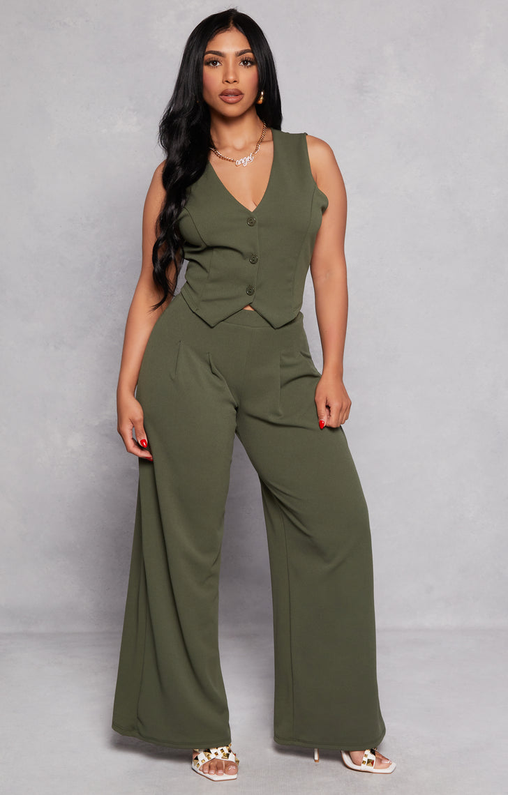 Pleated Detail Wide Leg Dress Pants