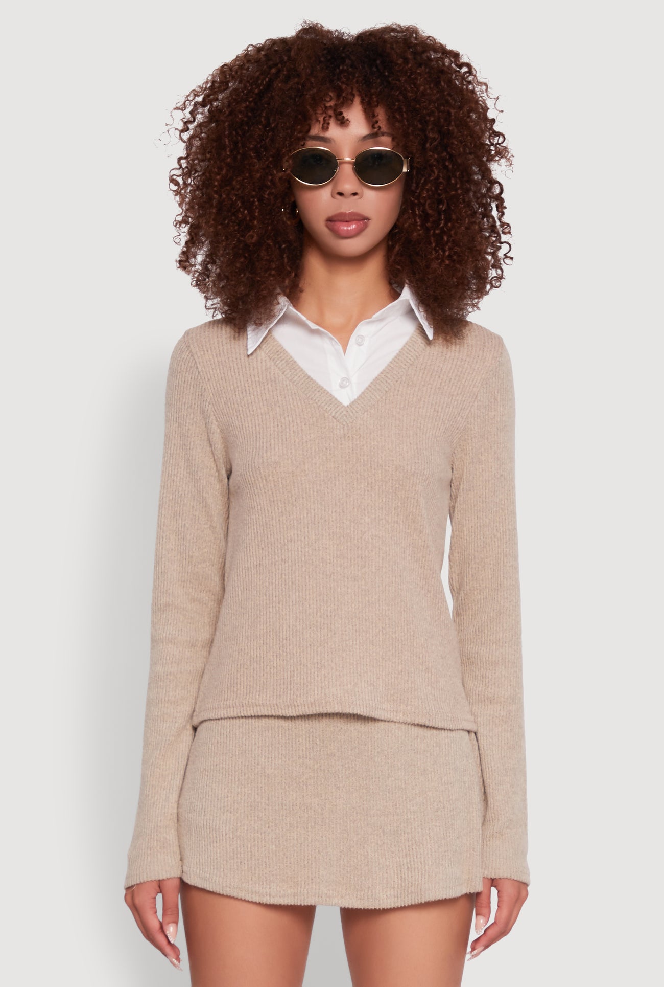 Shirt Collar Layered Look Sweater