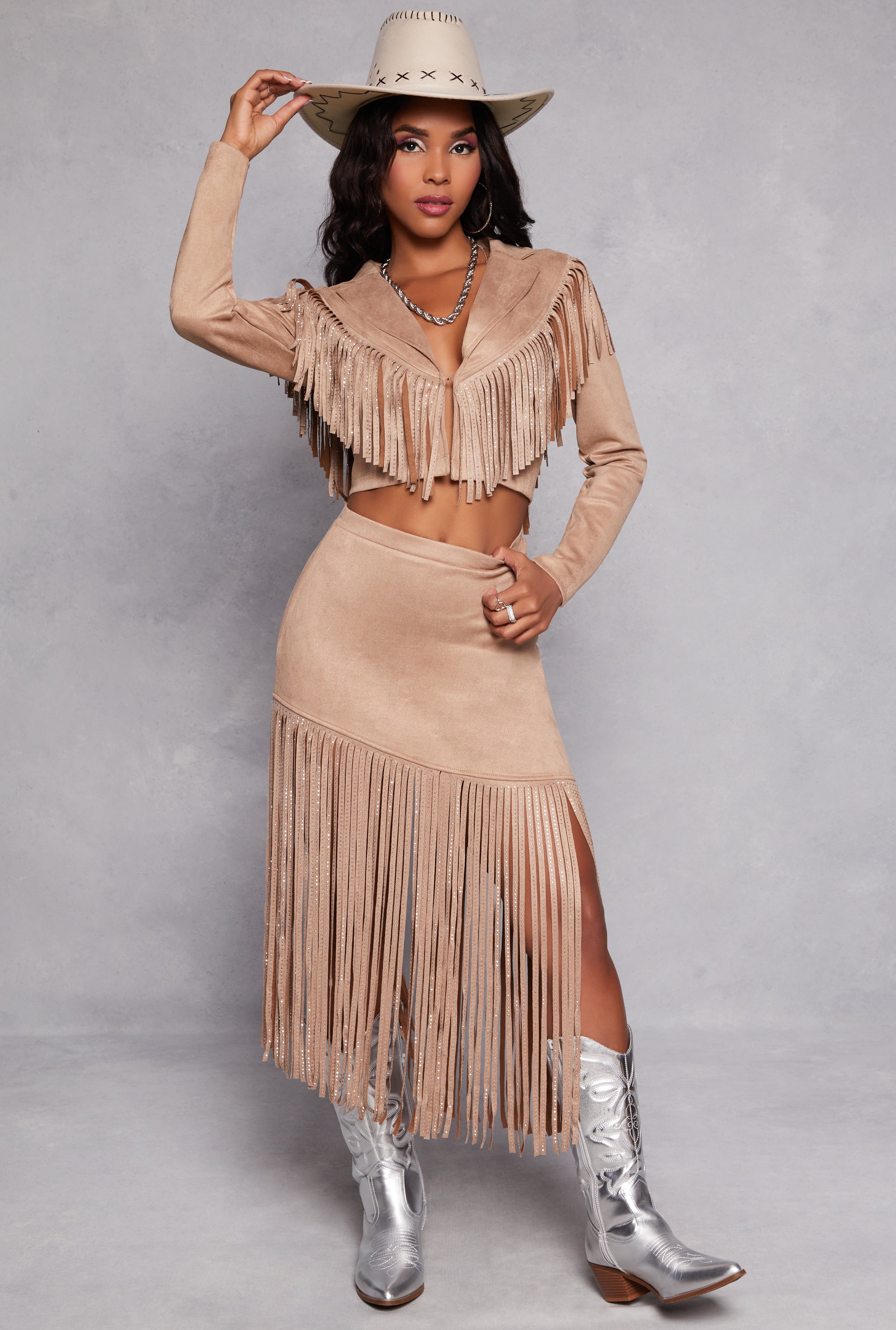 Faux Fur Crop Jacket with rhinestone store fringe