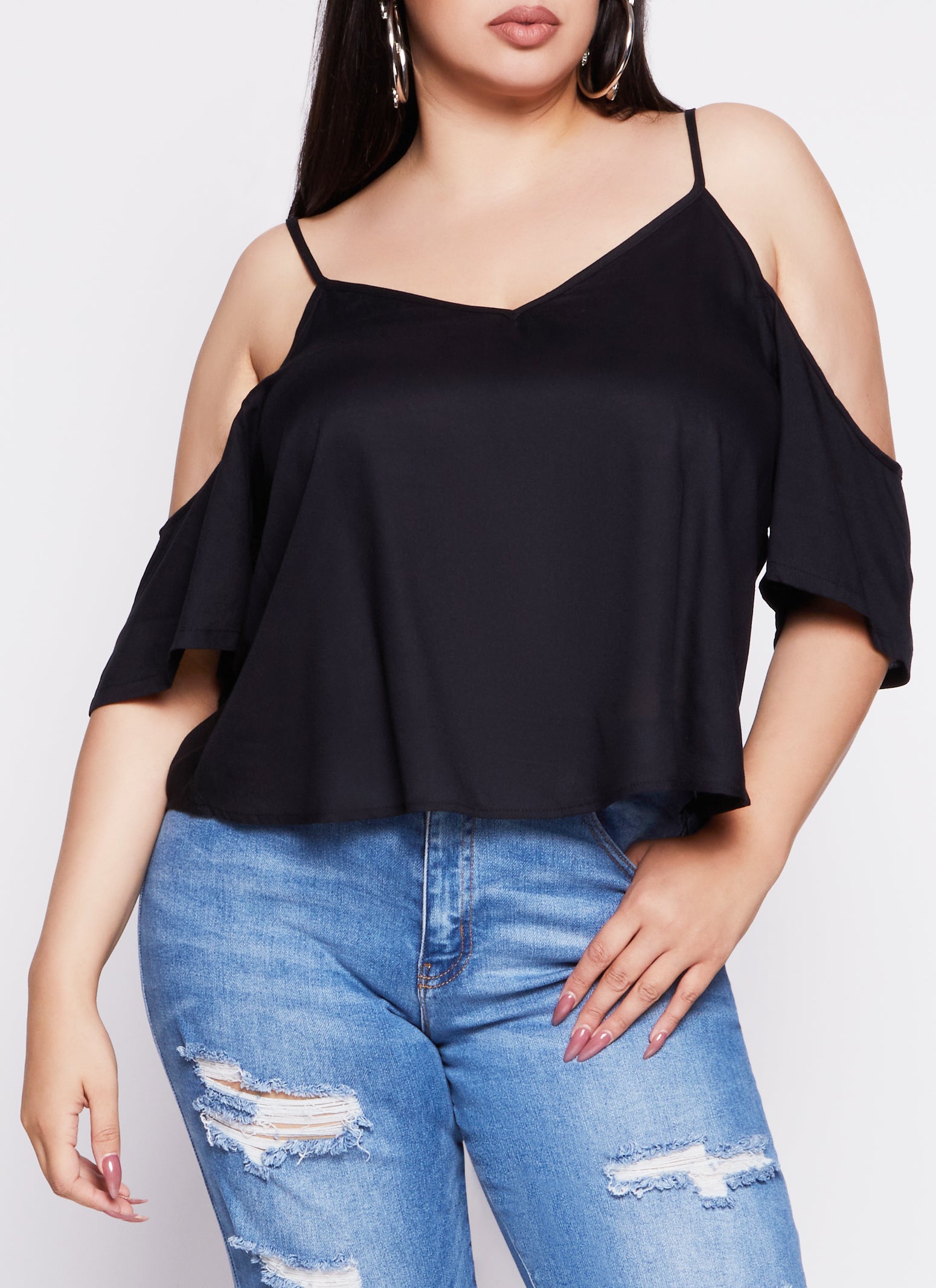 Plus Size V Neck Cold Shoulder Top black