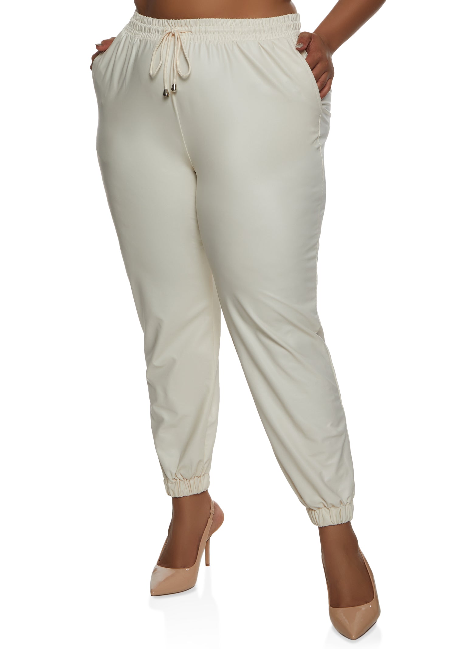 Plus Size Faux Leather High Waisted Joggers stone