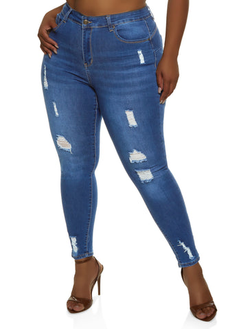 Plus Size WAX High Rise Distressed Push Up Skinny Jeans - Medium Wash