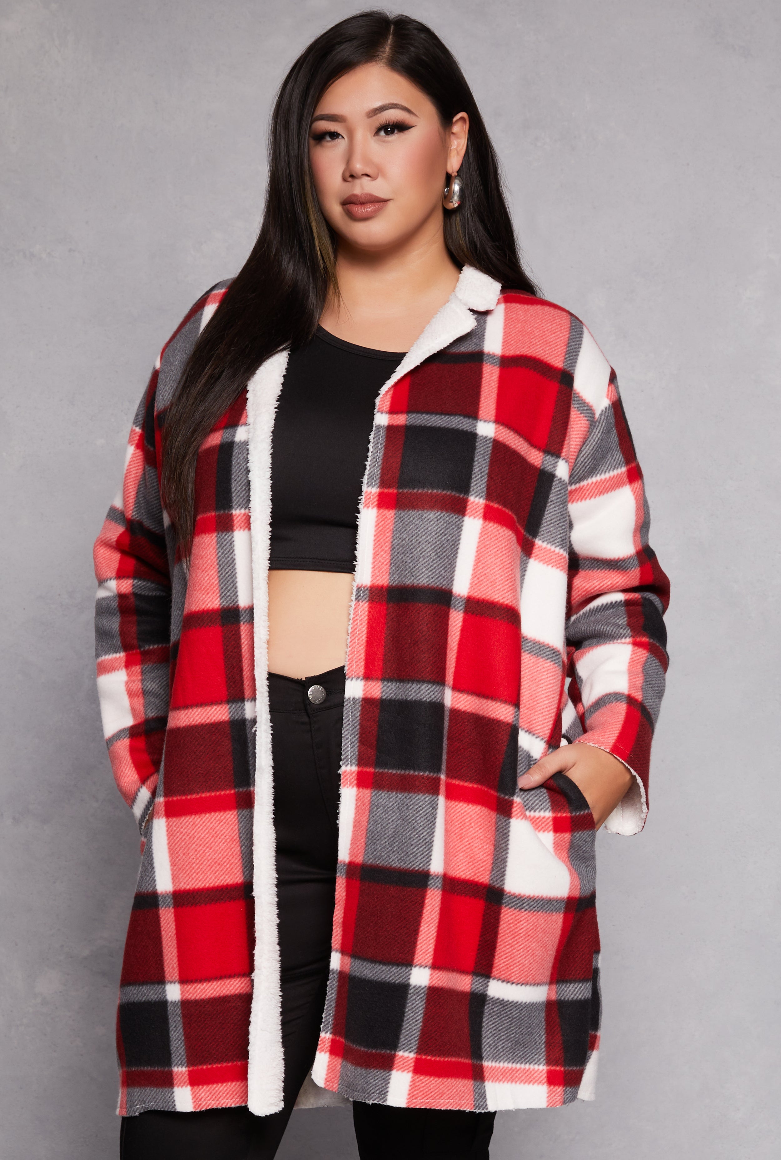 Plus Size Plaid Sherpa Lined Open Front Long Shacket