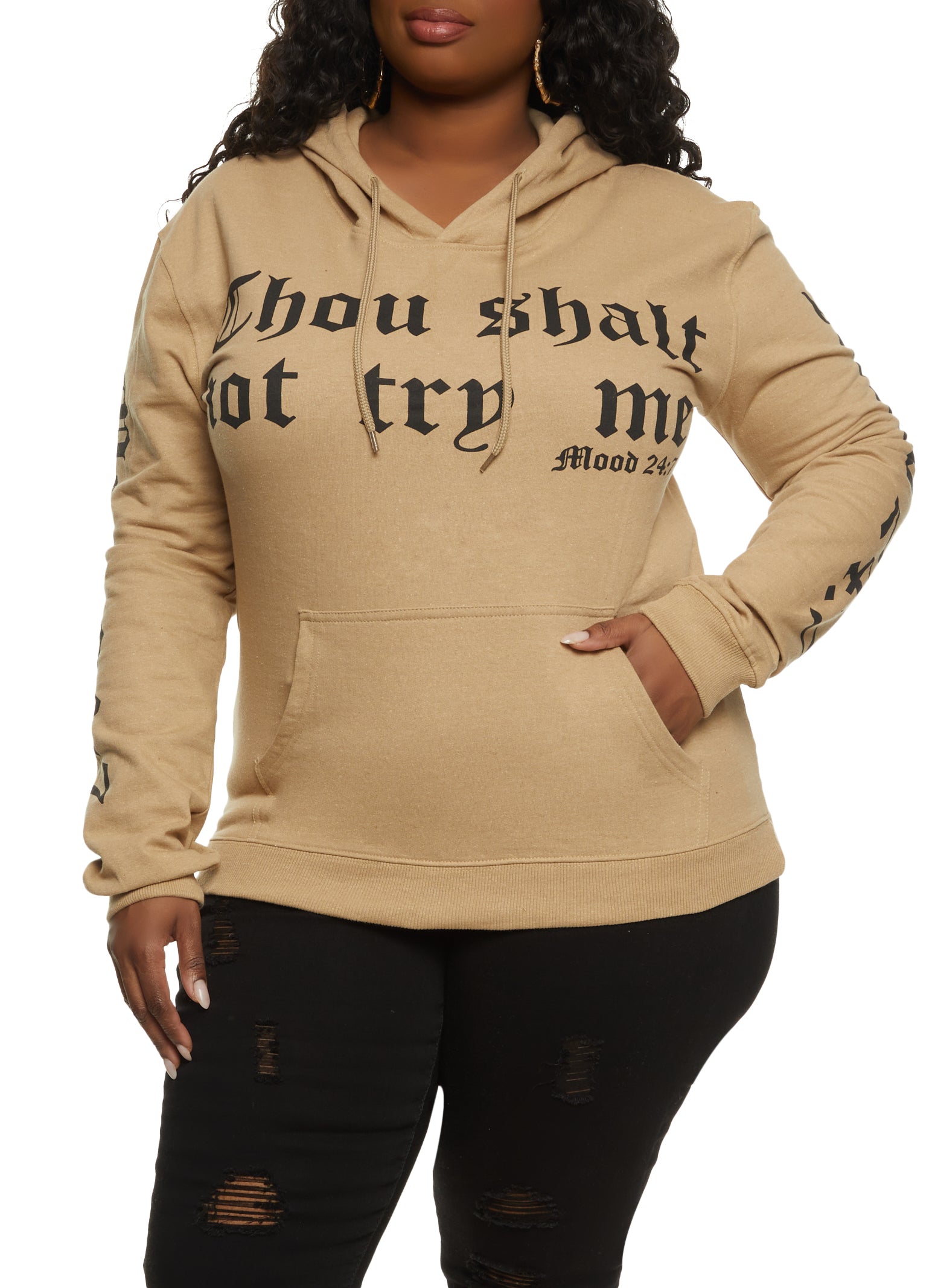 Plus Size Fleece Thou Shall Not Try Me Graphic Hoodie