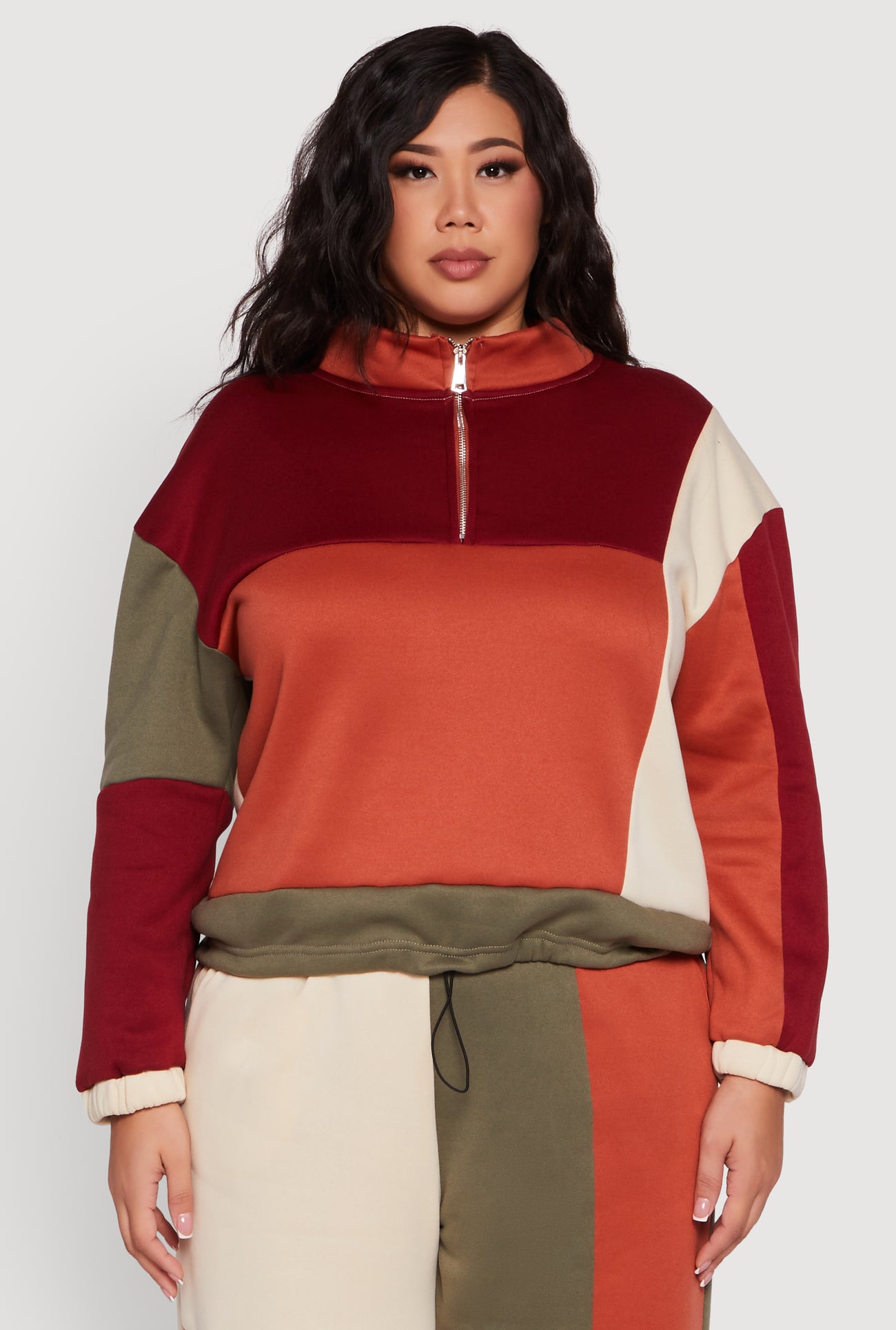 Plus Size Color Blocked Zip Mock Neck Sweatshirt