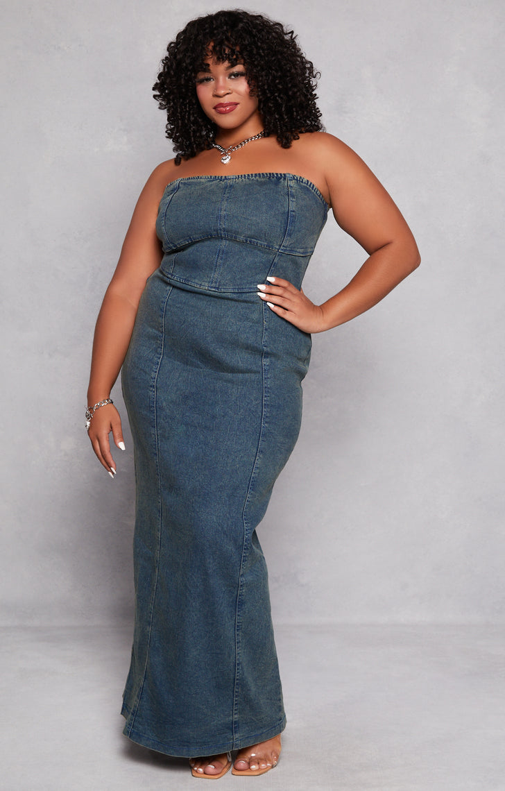 Plus Size Denim Maxi Tube Dress