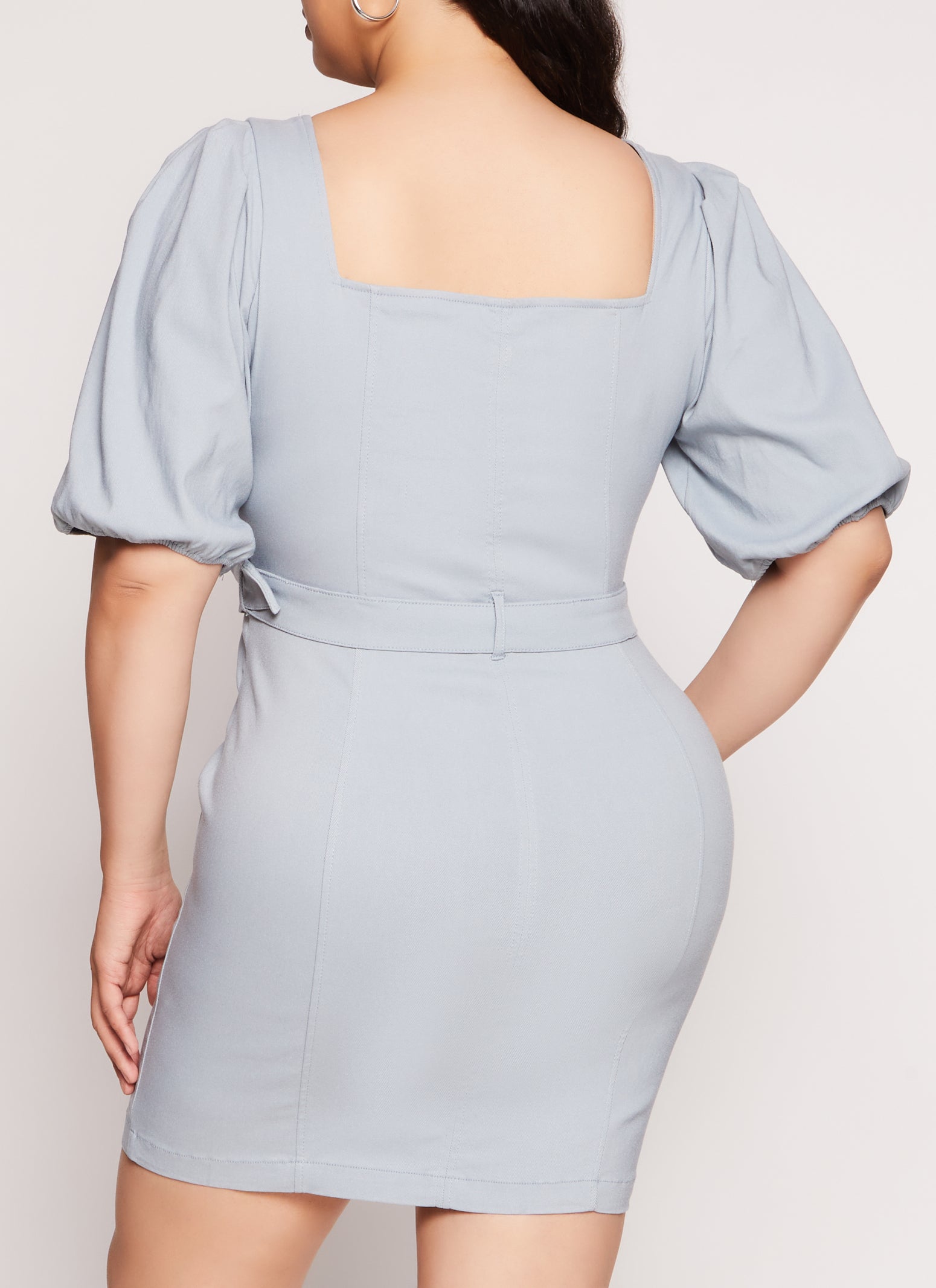 Plus Size Twill Zip Front Puff Sleeve Dress - Blue