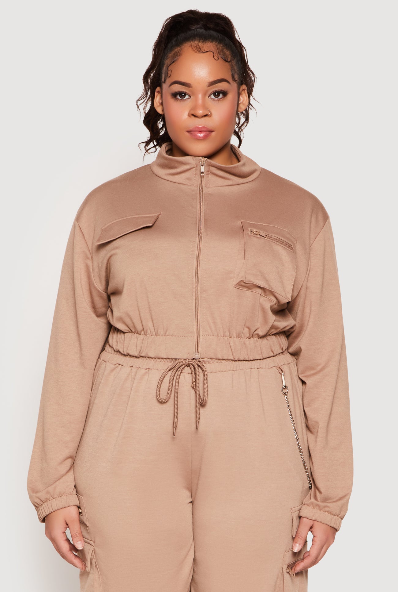 Plus Size Zip Front Cropped Sweatshirt