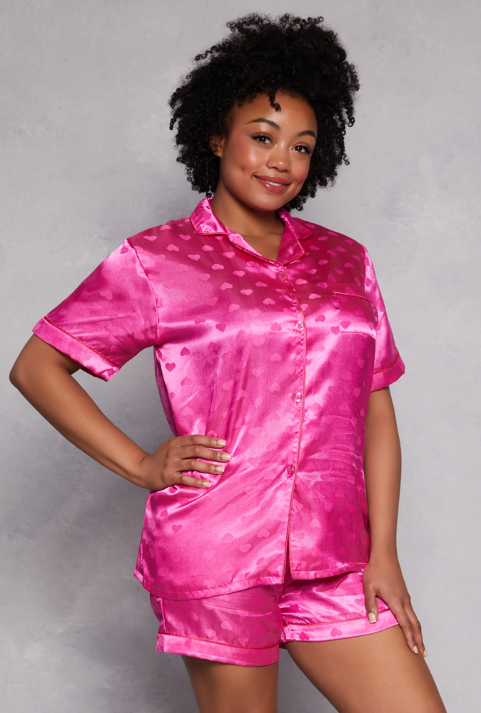 Plus Size Satin Heart Print Pajama Shirt and Shorts