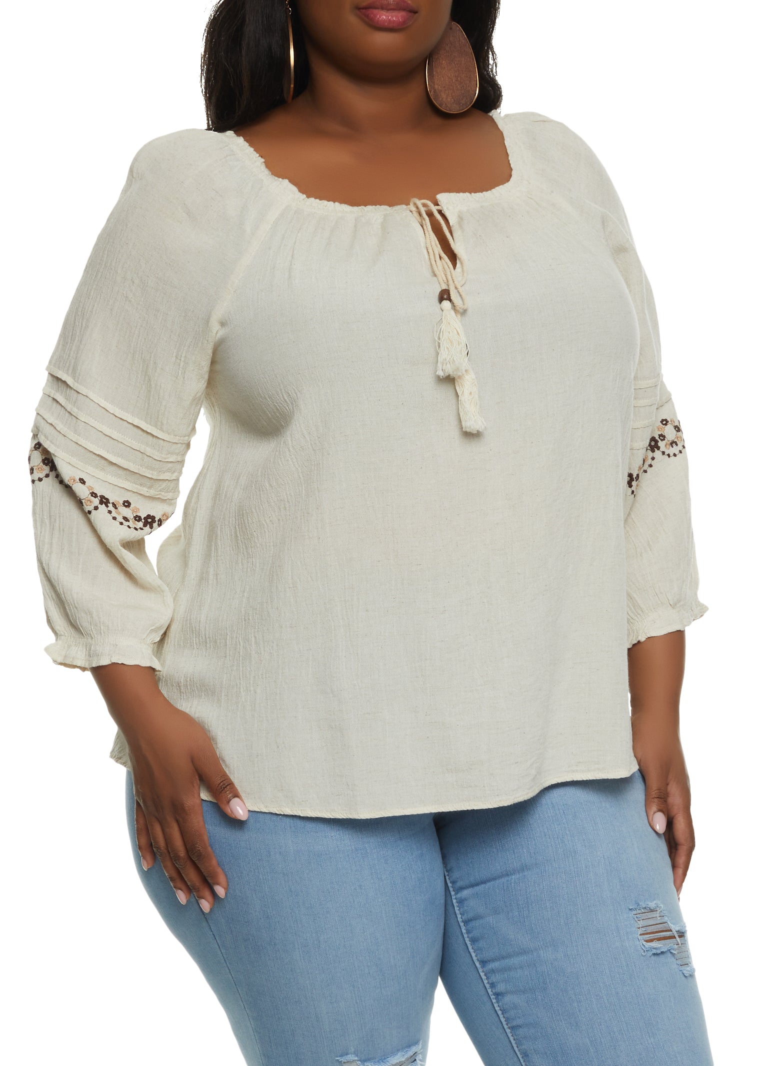 Plus Size Linen Keyhole Puff Sleeve Peasant Top - Natural