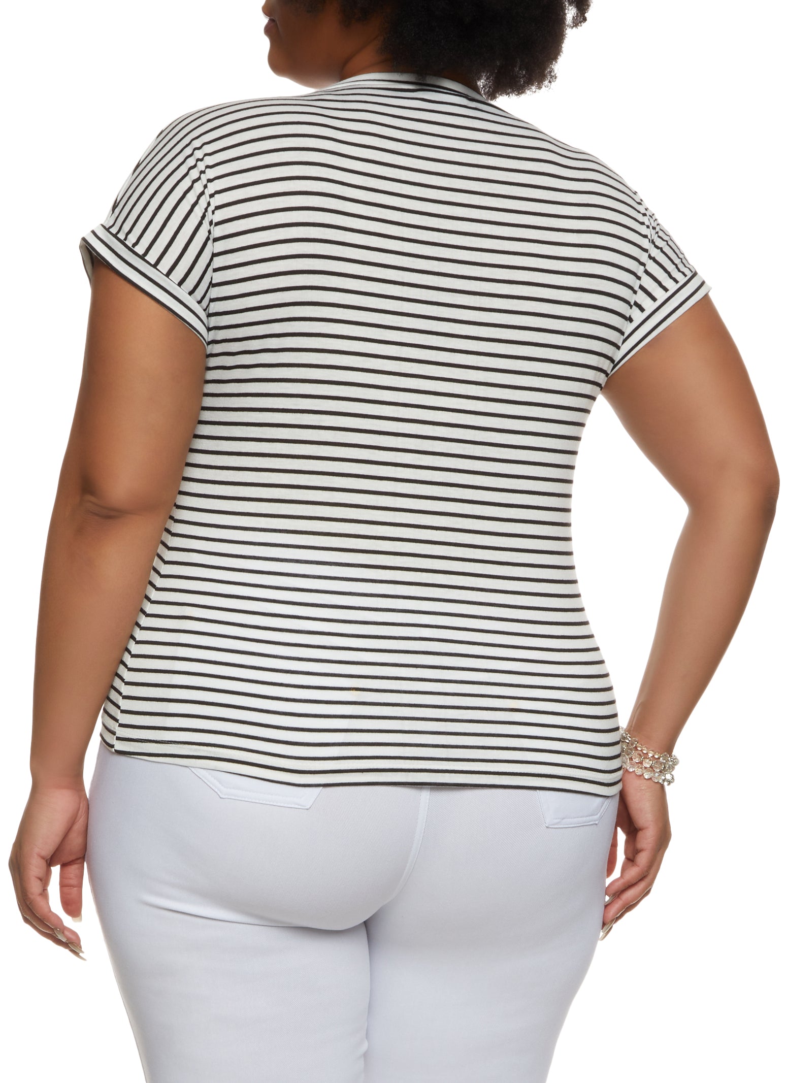 Plus Size Heart Mug Graphic Striped Tee - Wht-blk