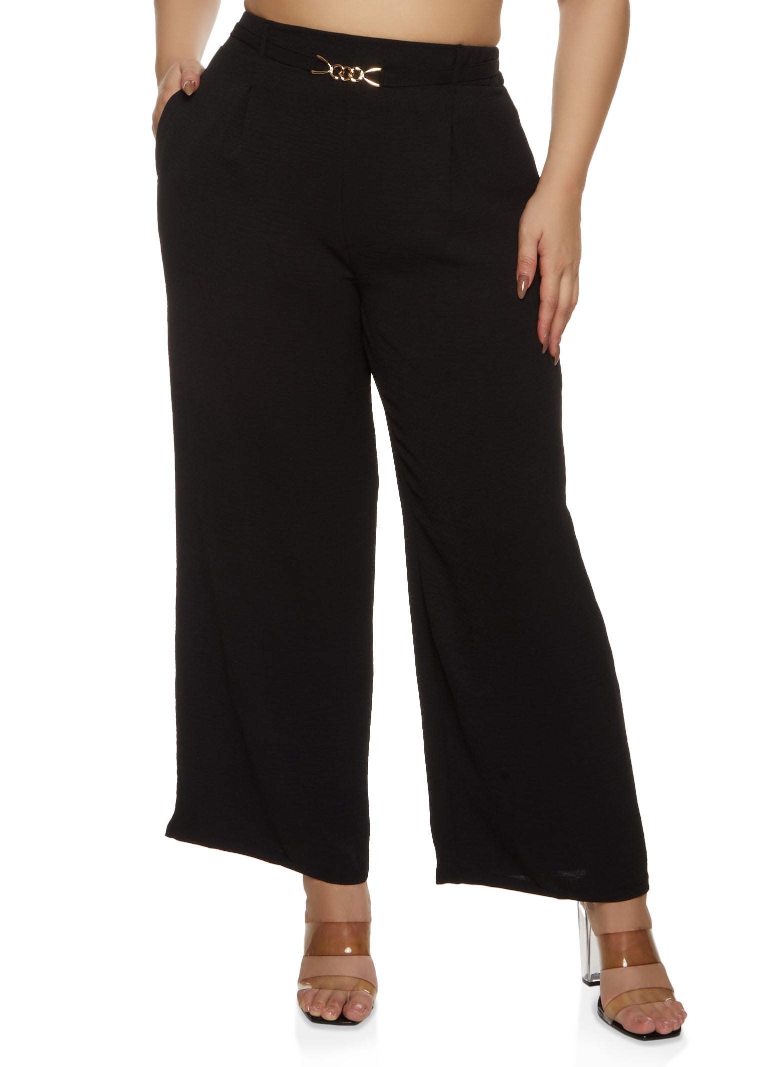 Plus Woven Textured Belted Wide Leg Pants