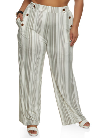 Plus Size Striped Faux Button Detail Wide Leg Pants - Green