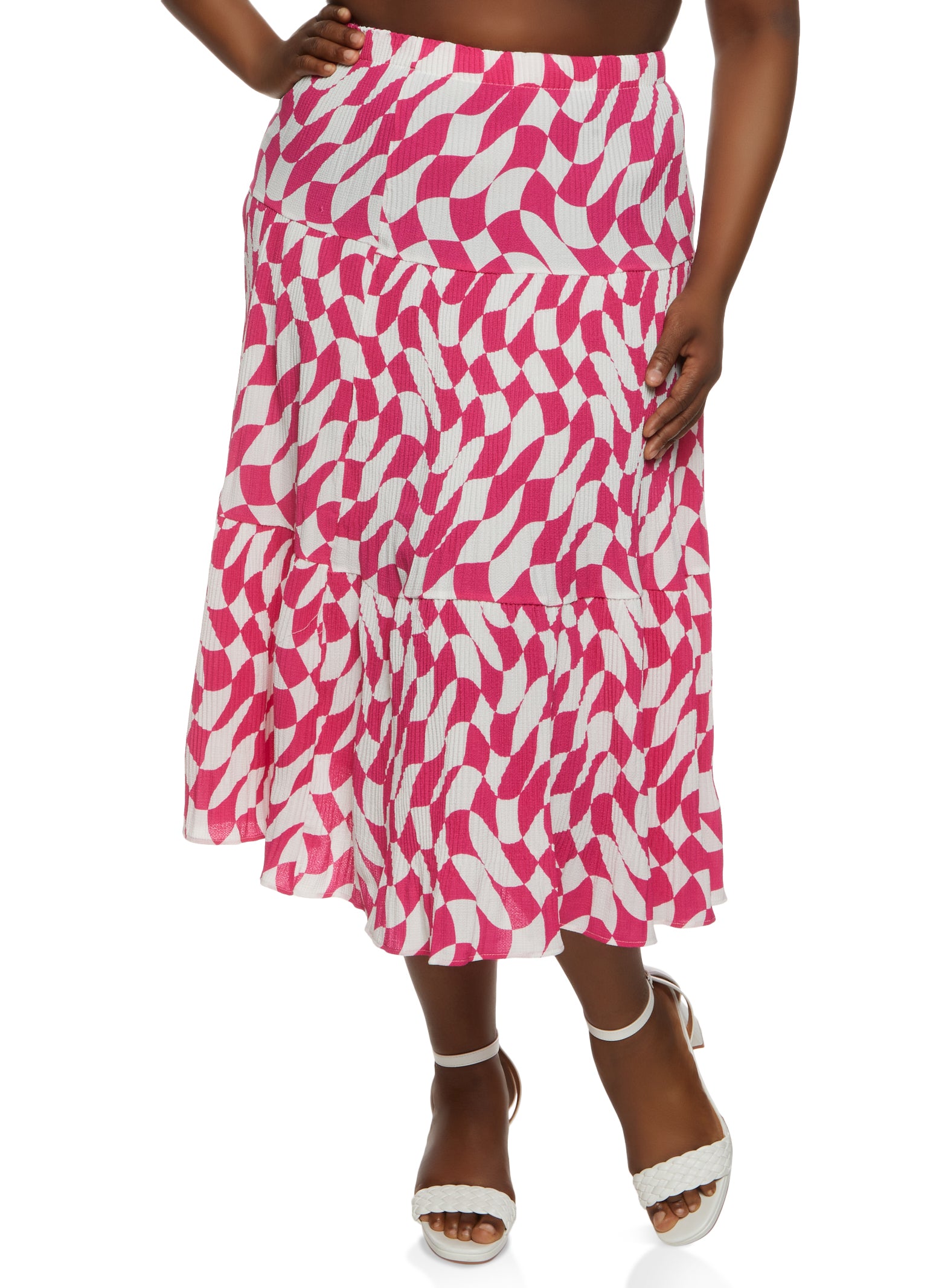 Plus Size Plisse Checkered Tiered Maxi Skirt 4840
