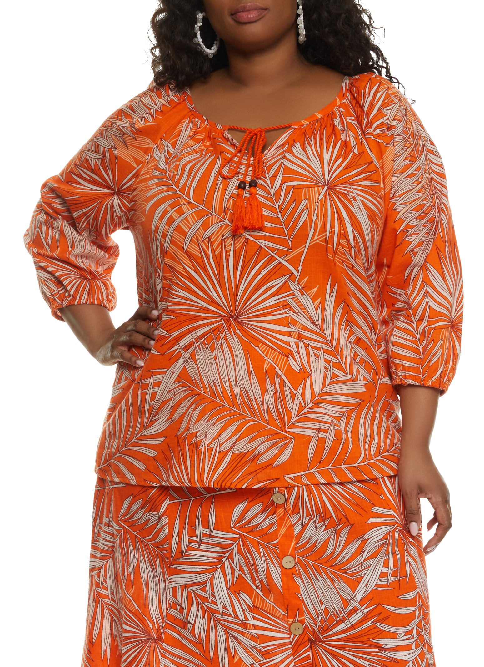 Plus Size Palm Printed Tie Neck Peasant Top - Coral