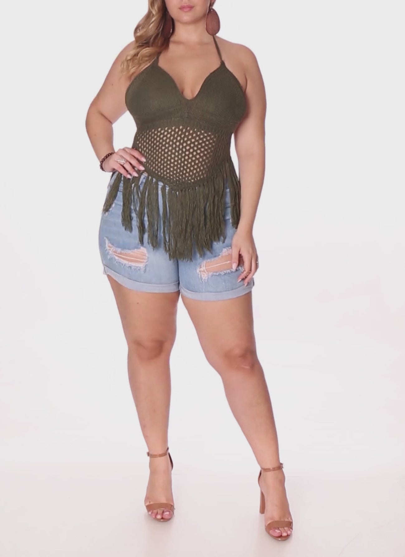 Plus Size Crochet Fringe Halter Top