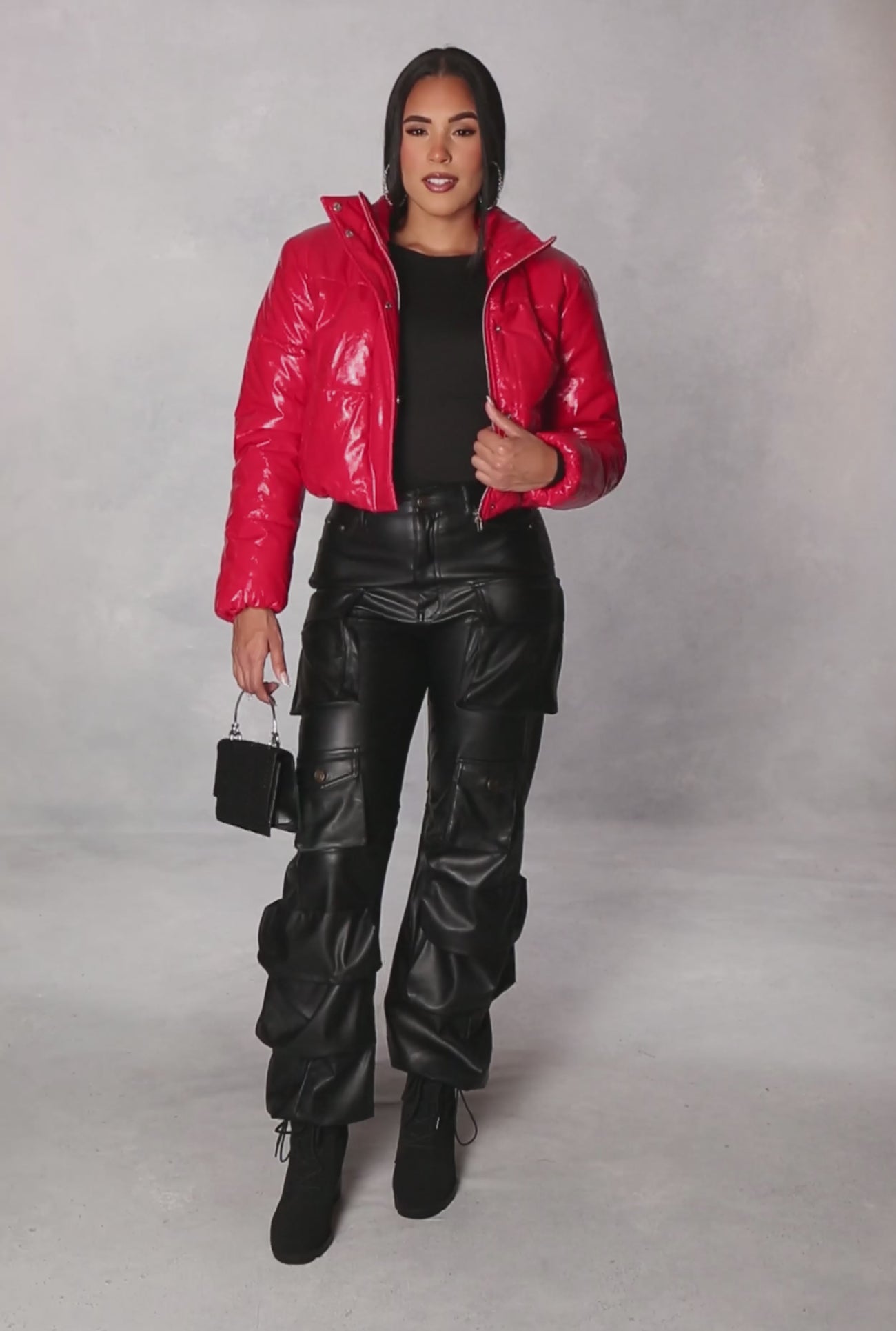 Womens Faux Patent Leather Cropped Puffer Jacket Red Size S Rainbow Shops