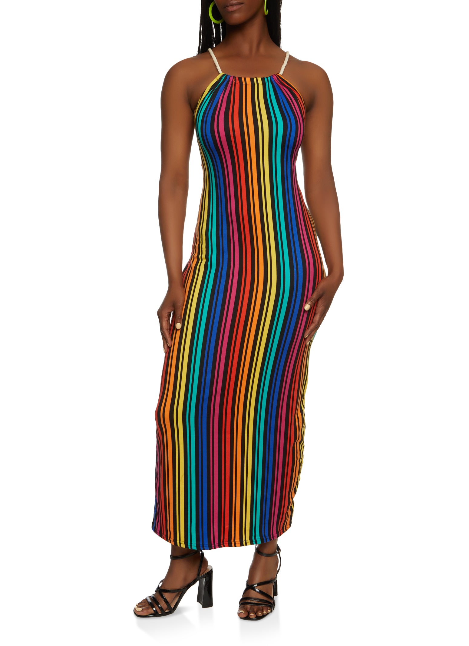 Rainbow Stripe Rope Strap Maxi Dress