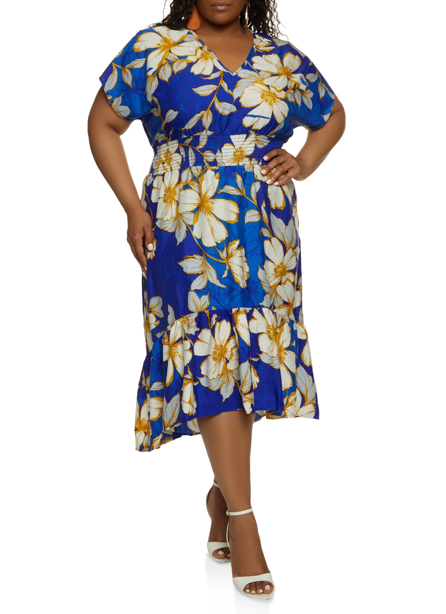 Plus Size Floral Print Smocked V Neck Dress