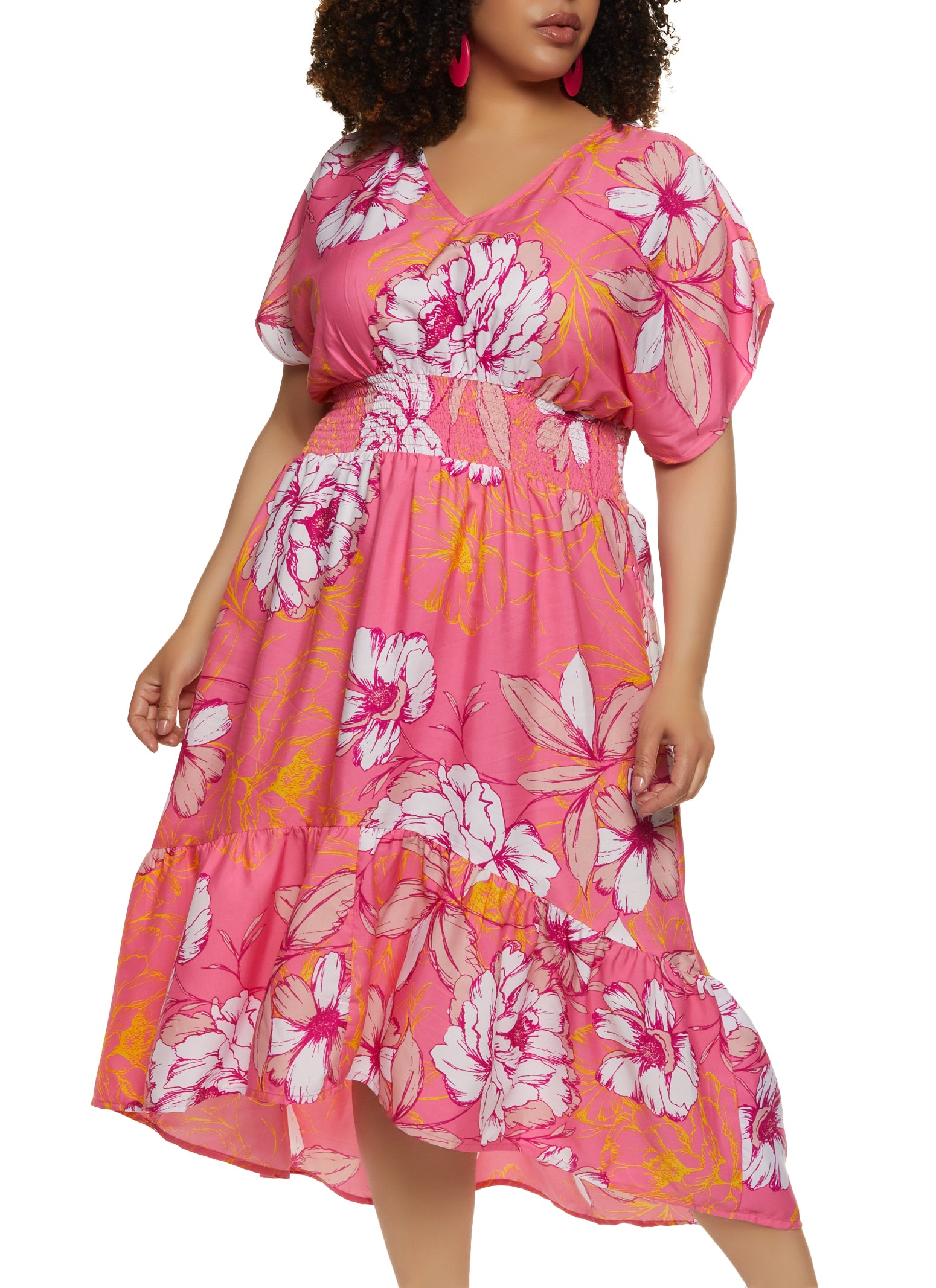 Plus Size Floral Print Empire Smocked Waist Dress