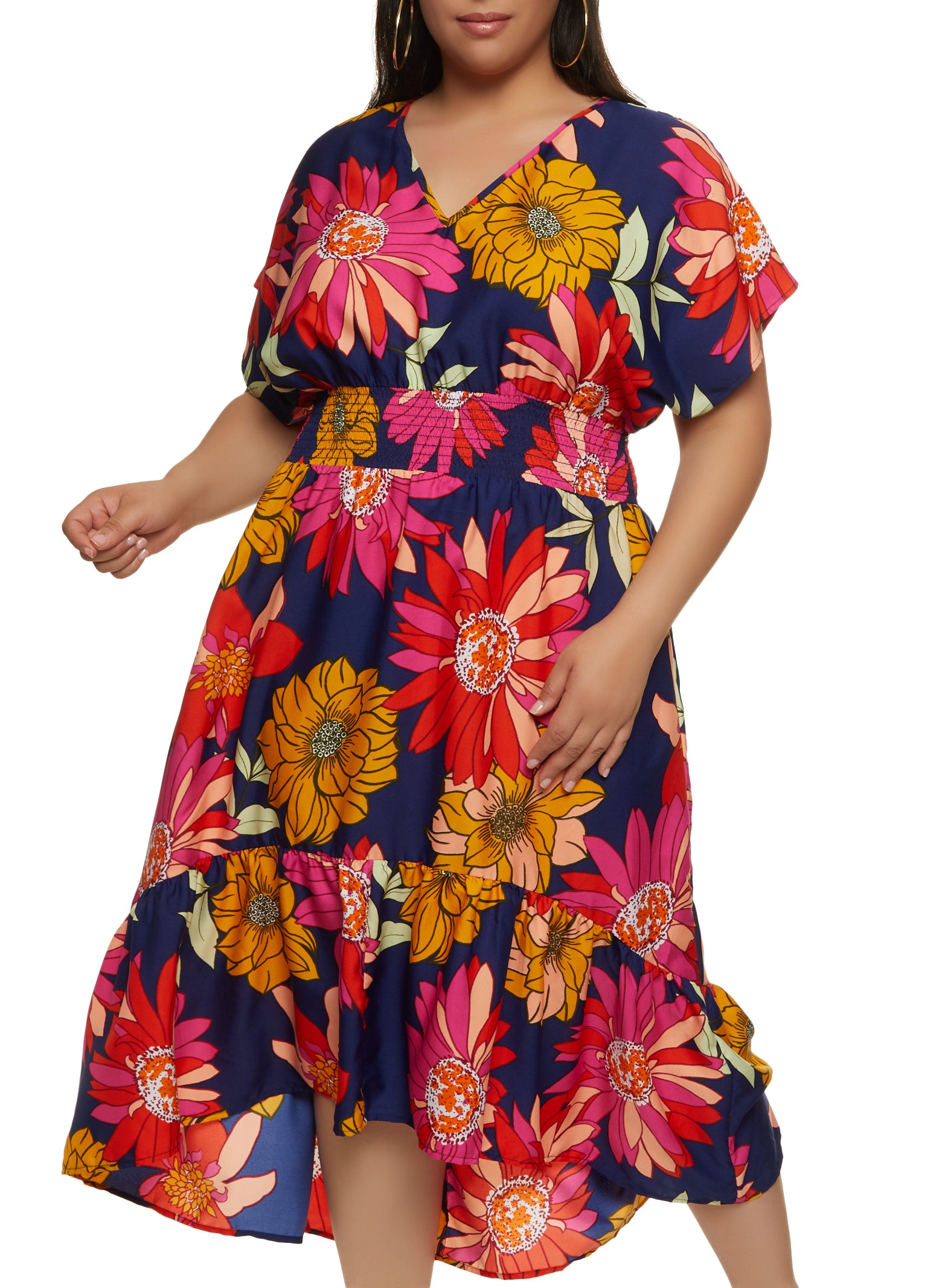 Plus Size Floral Smocked Waist High Low Dress