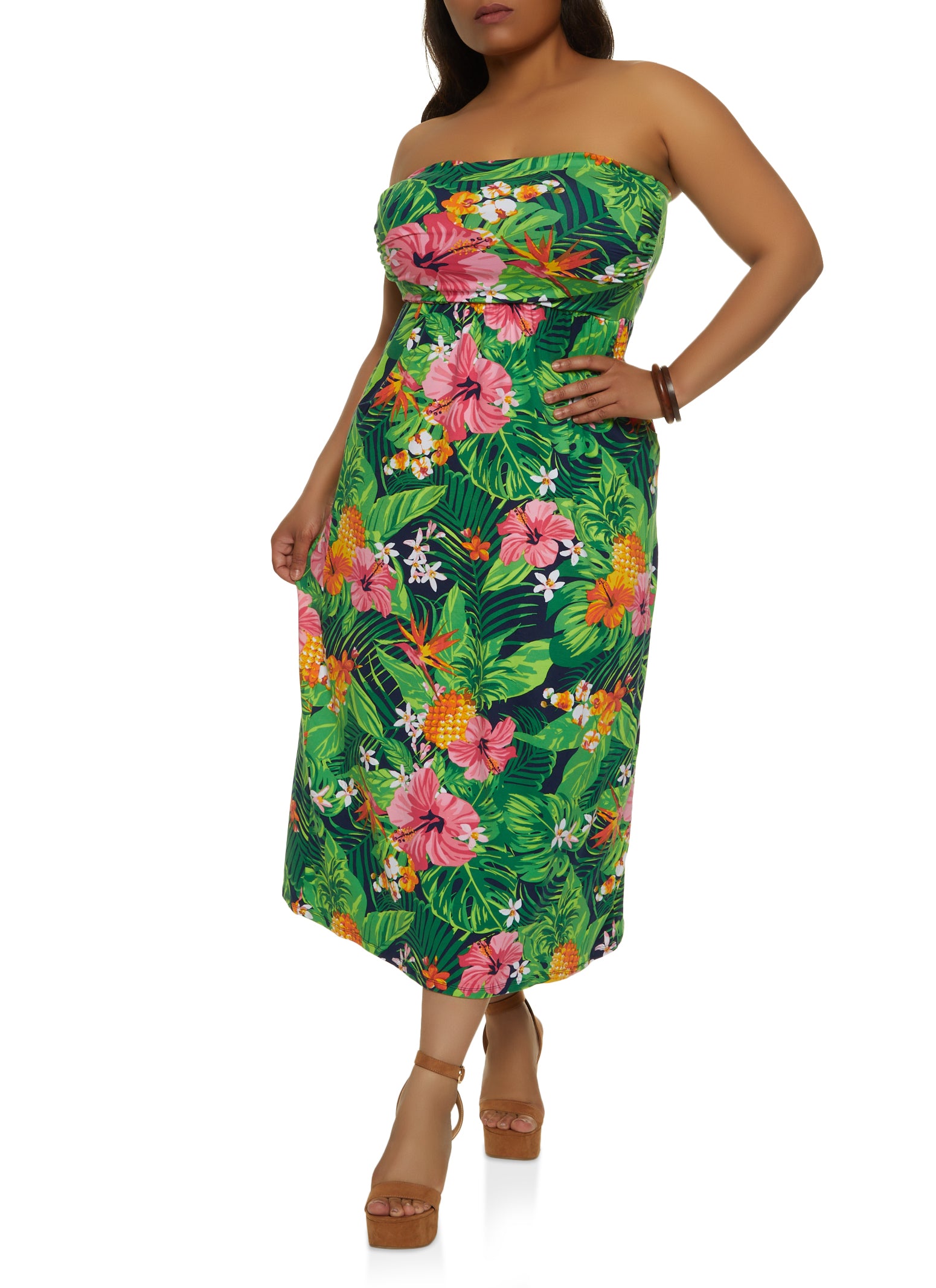 Plus Size Tropical Print Strapless Dress 