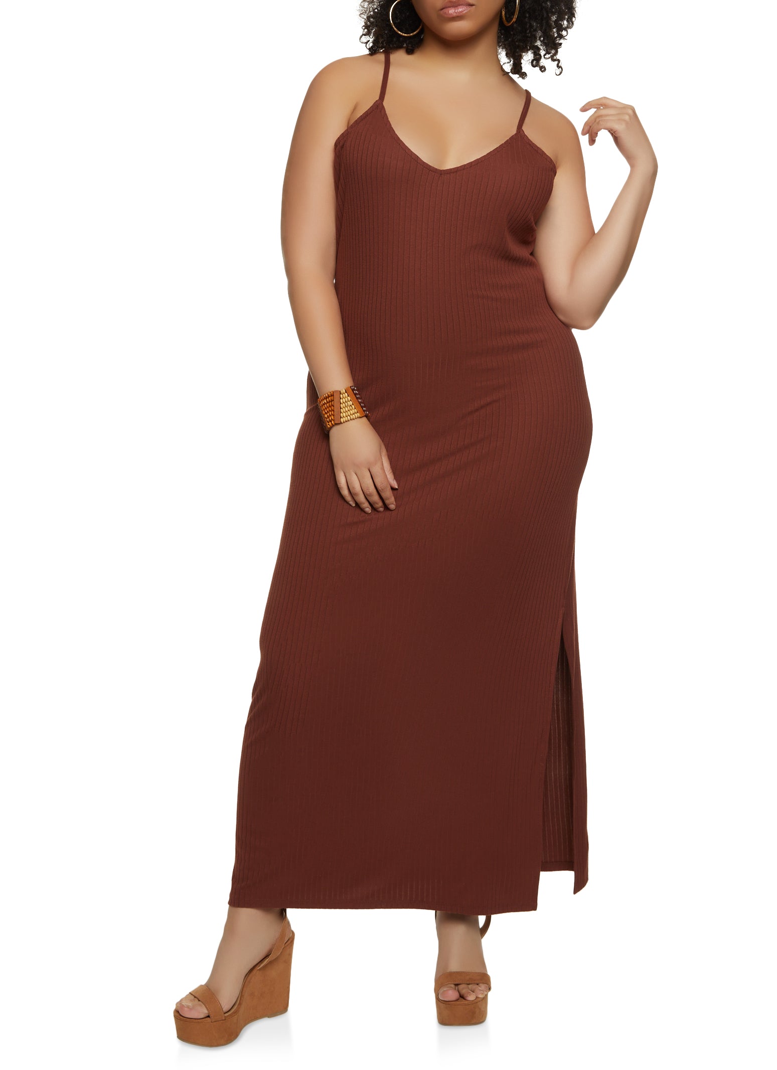 Plus Size V Neck Ribbed Knit Cami Maxi Dress 6152