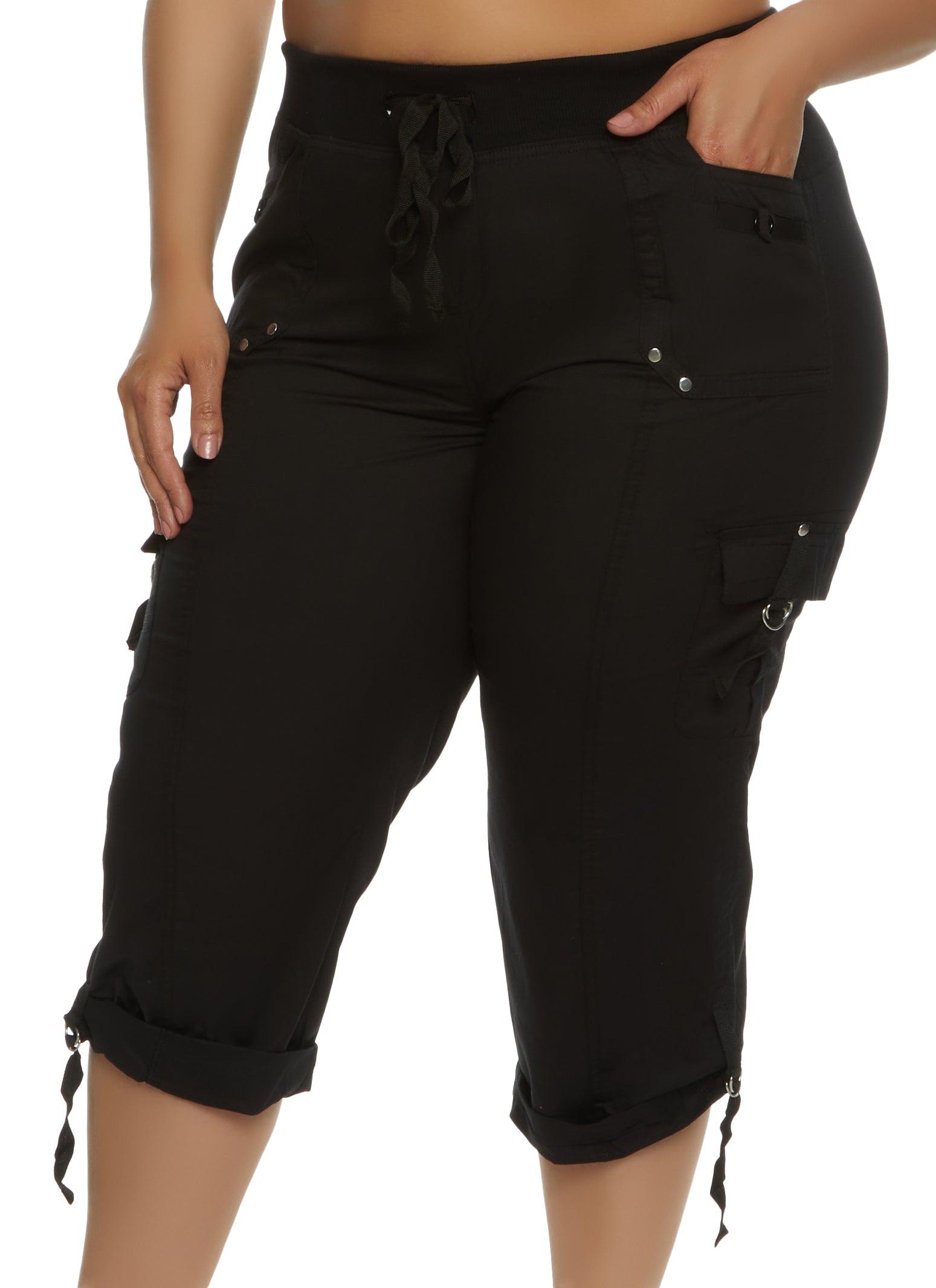 Plus Size Cuffed Cargo Capri Pants - Black